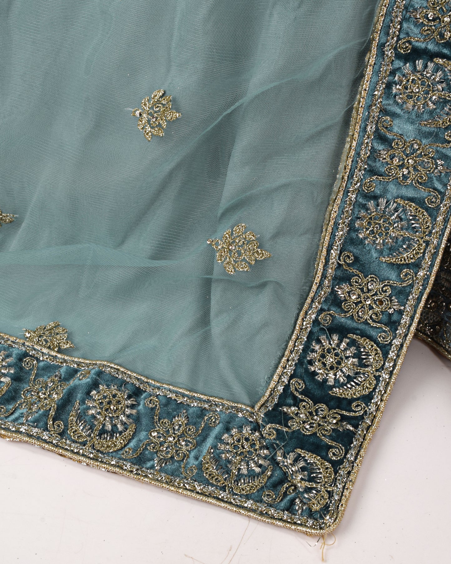 Sea Green Velvet Bridal Wear With Full Work & Matching Dupatta