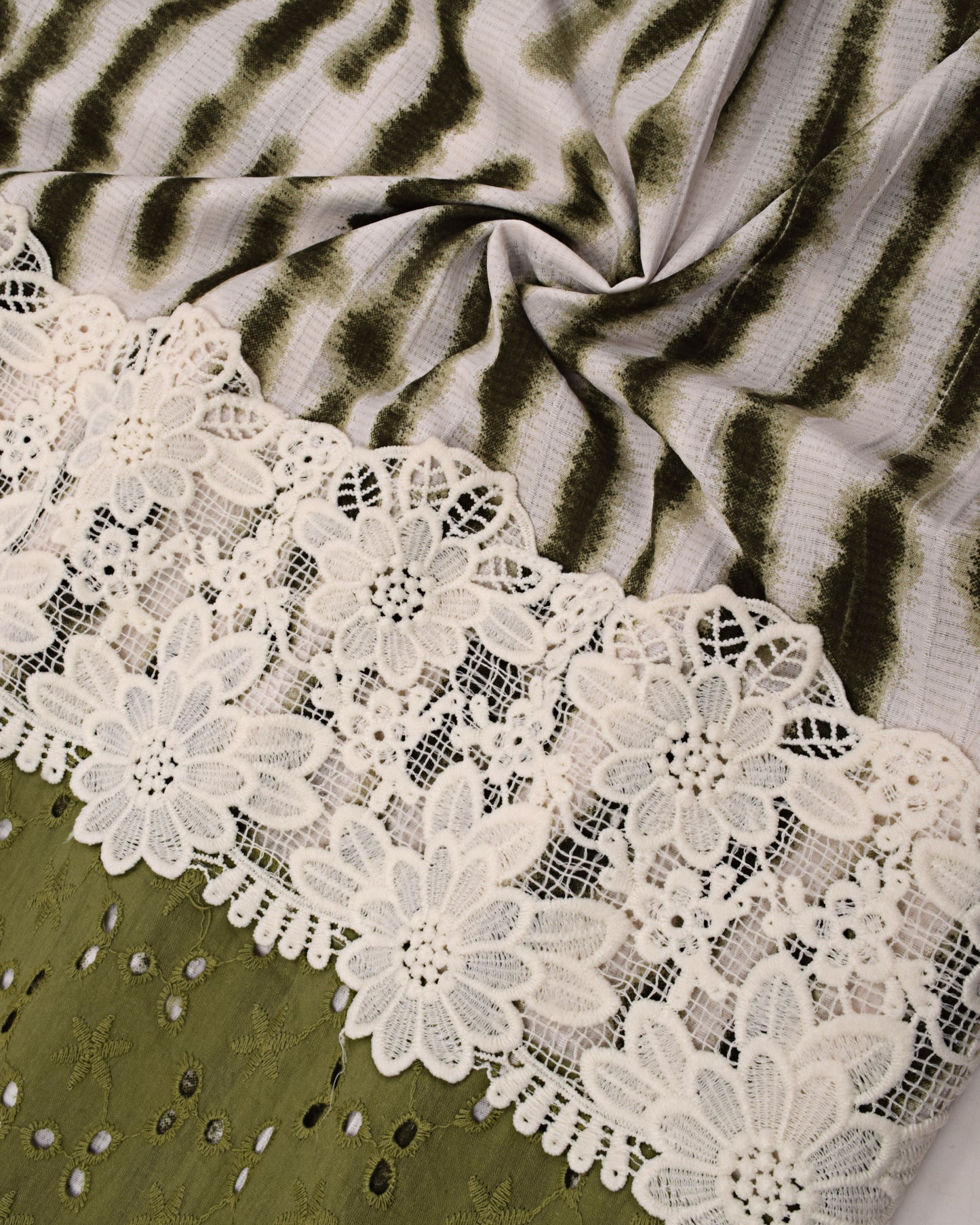 Dark Green Off White Stripes Rida With Smart Hakoba Panel & Lace