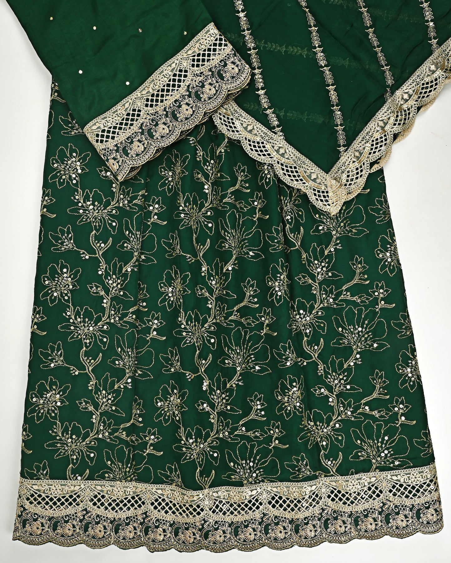 Dark Green RCJ With Full Embroidery Material & Golden Lace