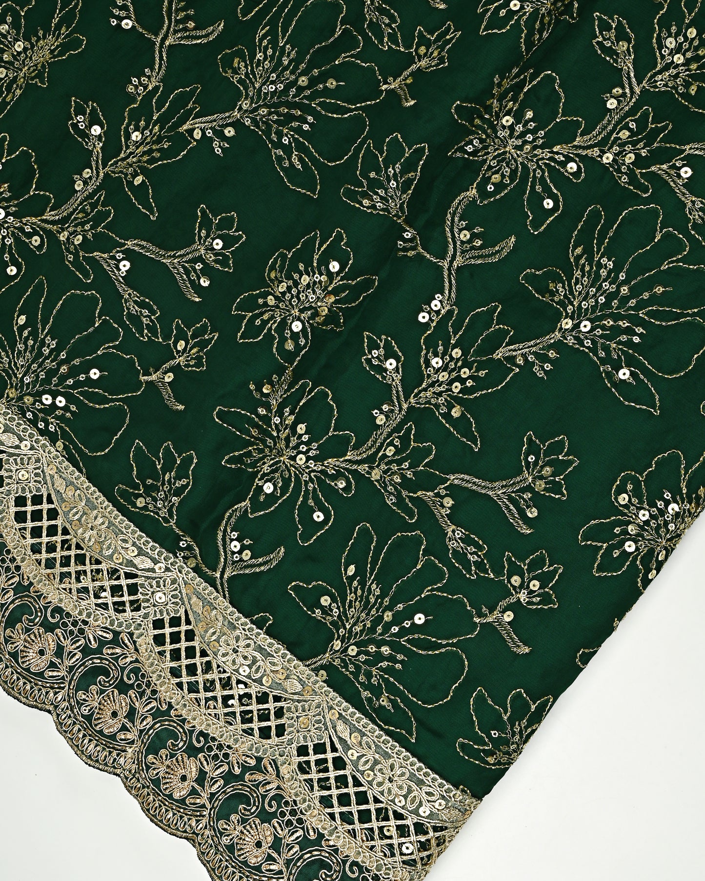Dark Green RCJ With Full Embroidery Material & Golden Lace
