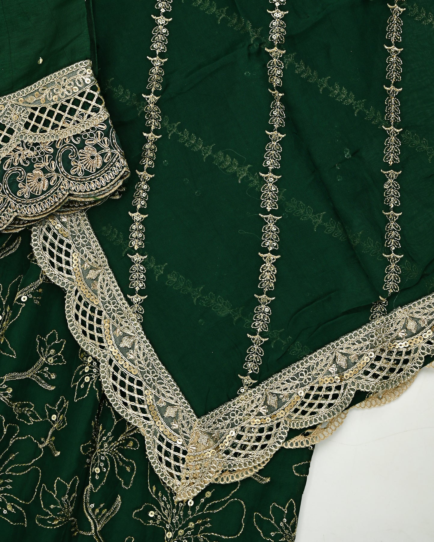 Dark Green RCJ With Full Embroidery Material & Golden Lace
