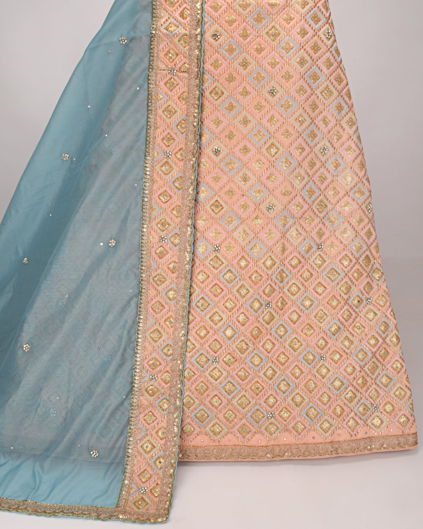 Light Peach Bridal Wear With Full Daimond Design Aari Work & Blue Dupatta