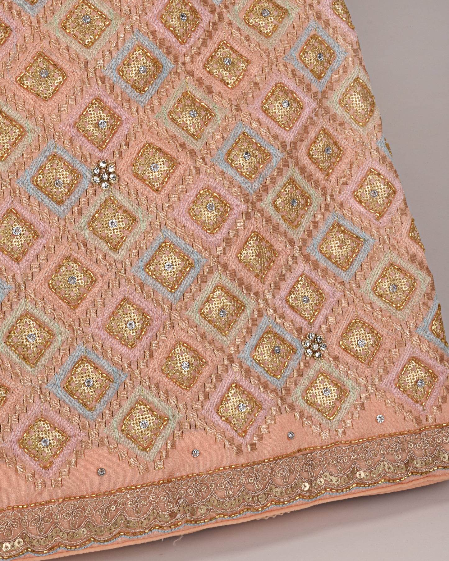 Light Peach Bridal Wear With Full Daimond Design Aari Work & Blue Dupatta