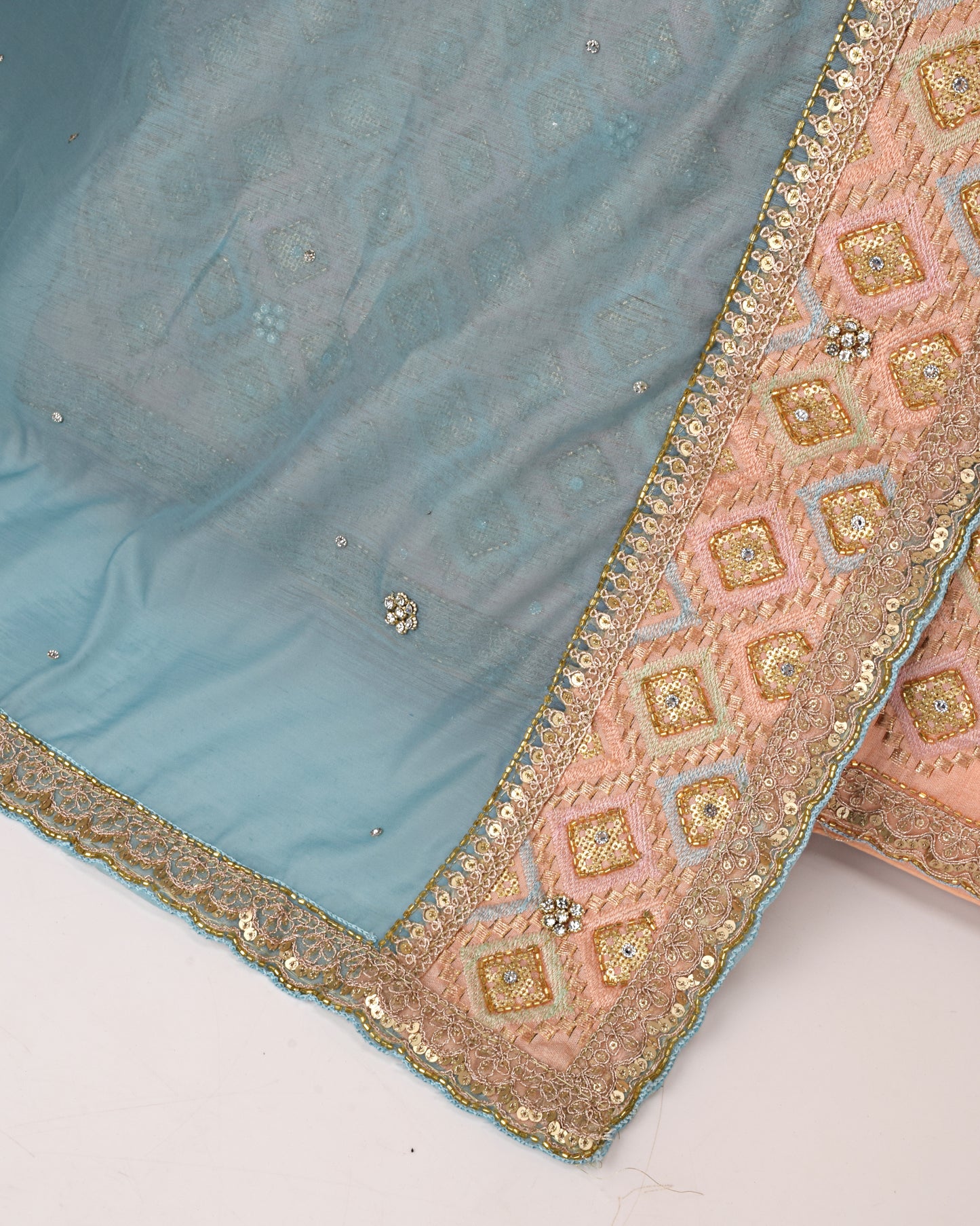 Light Peach Bridal Wear With Full Daimond Design Aari Work & Blue Dupatta