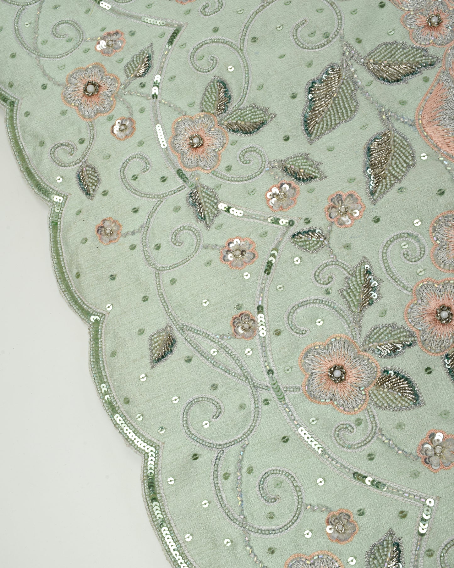 Pistachio RCJ With Heavy Floral Aari Work & Duppatta With Full Border Work