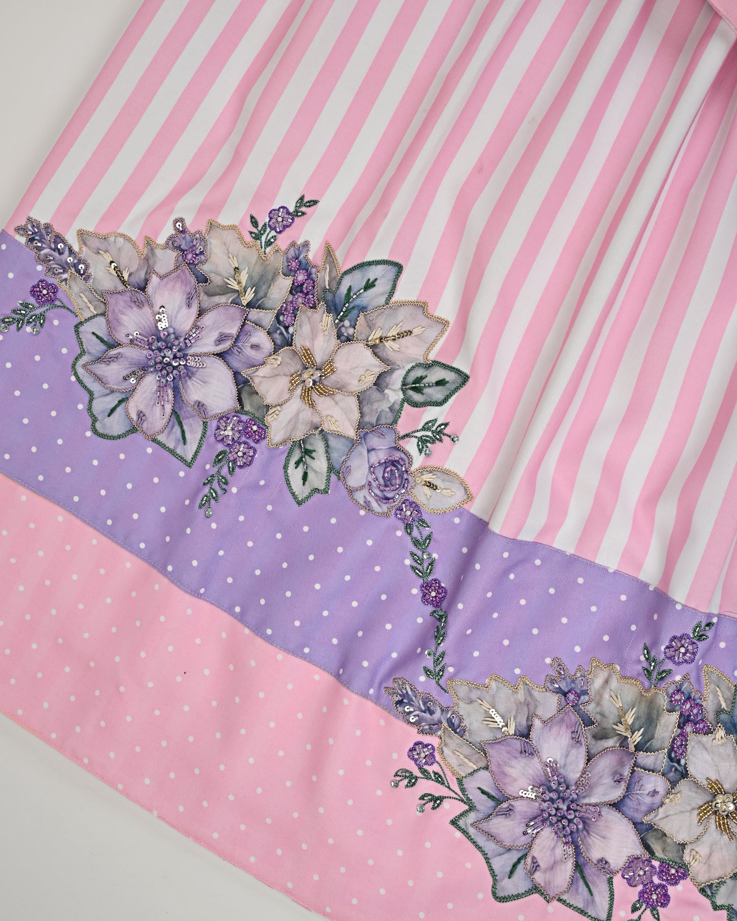 White Pink Stripes Rida With Purple & Pink Panel & Floral Applique With Aari TouchUp