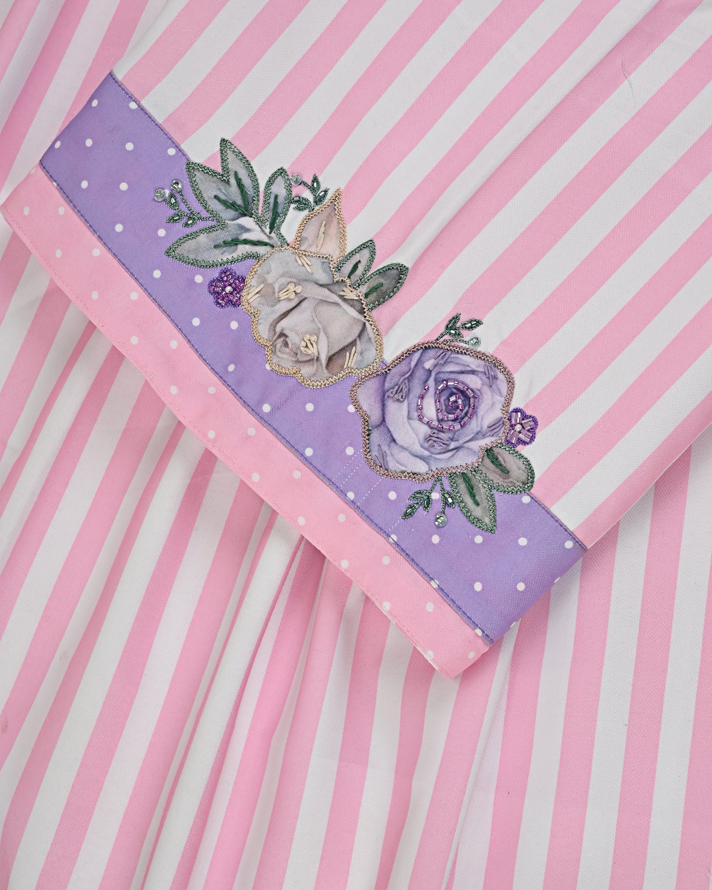 White Pink Stripes Rida With Purple & Pink Panel & Floral Applique With Aari TouchUp