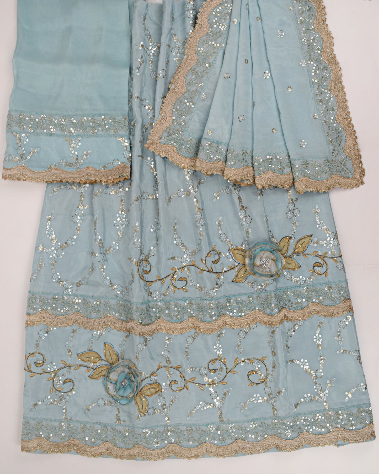 Light Blue RCJ With Beautiful Tissue Rose Work & Heavy Pardi & Duppatta