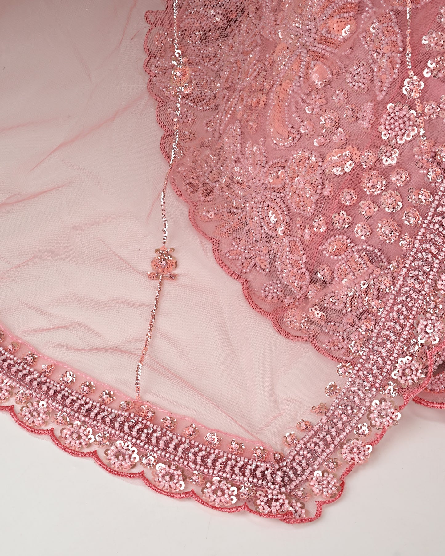 Coral Peach Bridal Jodi With Heavy Floral Aari Work & Cut Moti Work