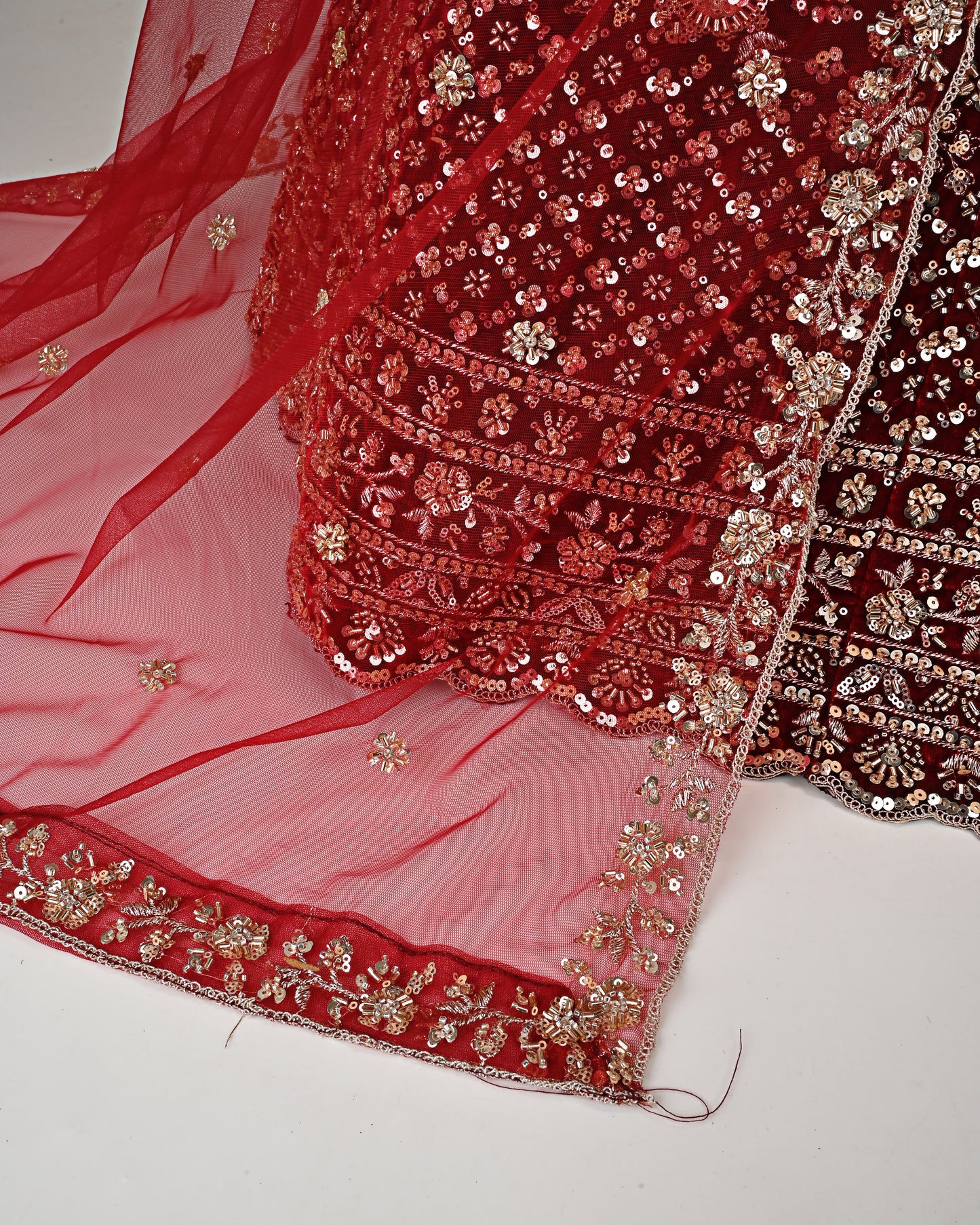 Deep Red Velvet Bridal Jodi With Heavy Golden All Over Booties & Floral Aari Work