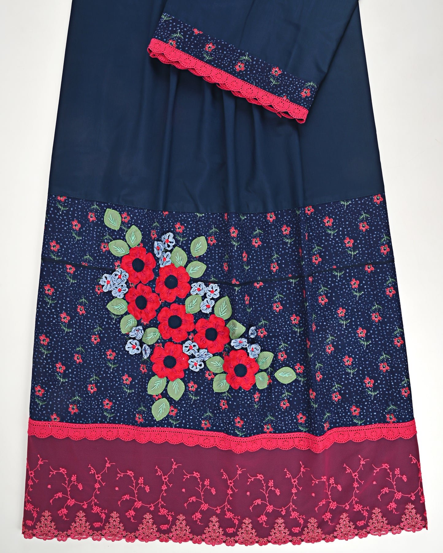 Dark Navy Blue With Smart Floral Print Panel Lace & Floral Work On Panel