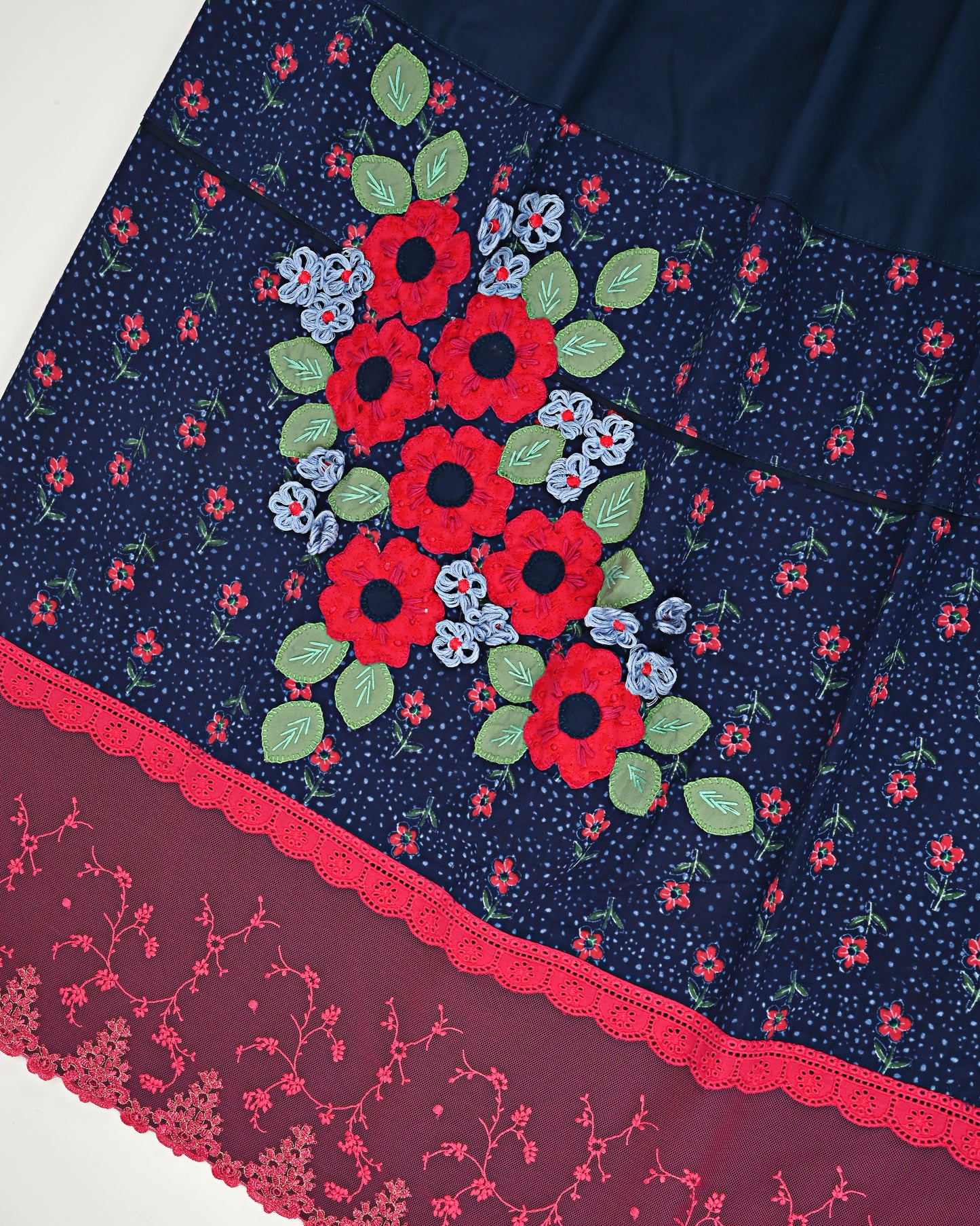 Dark Navy Blue With Smart Floral Print Panel Lace & Floral Work On Panel