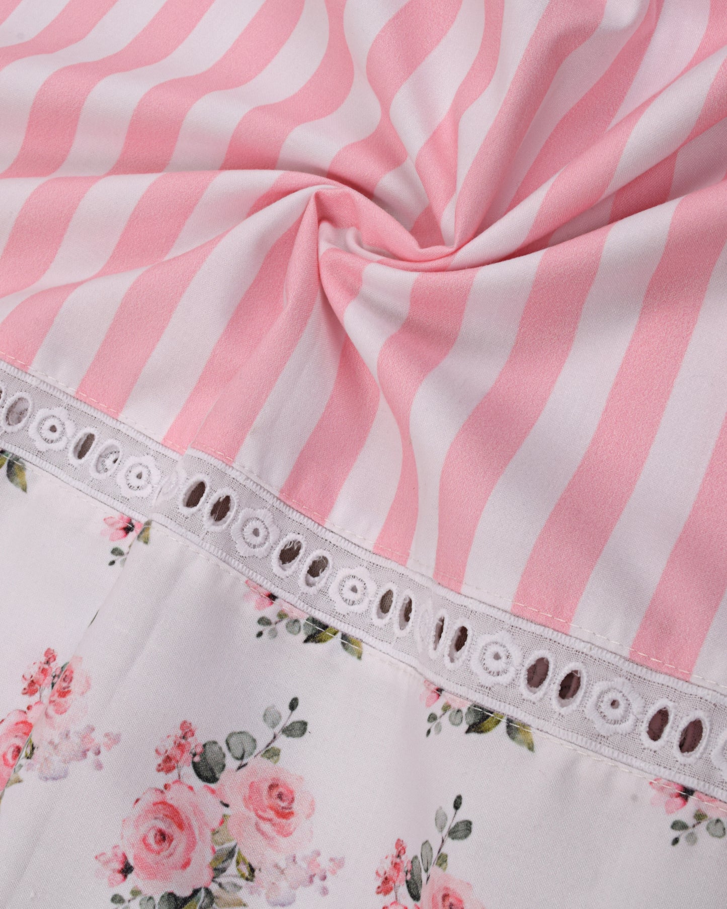 Pink & White Stripes Rida With Rose Print Panel & Bullion Work