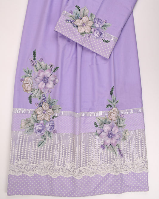 Light Purple Rida With Smart Lace & Floral Applique Work