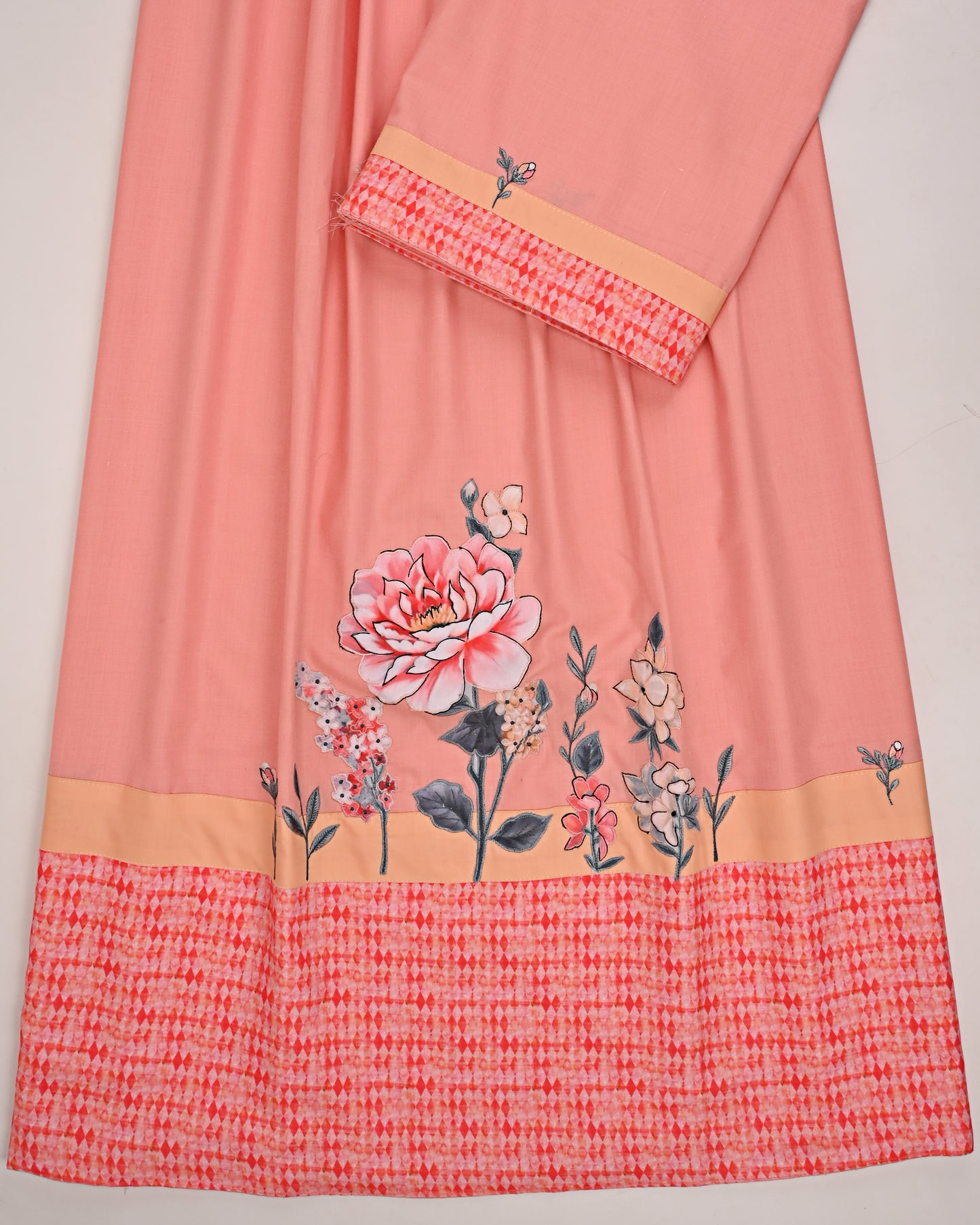 Tomato Red Rida With Smart Panel & Floral Applique Work