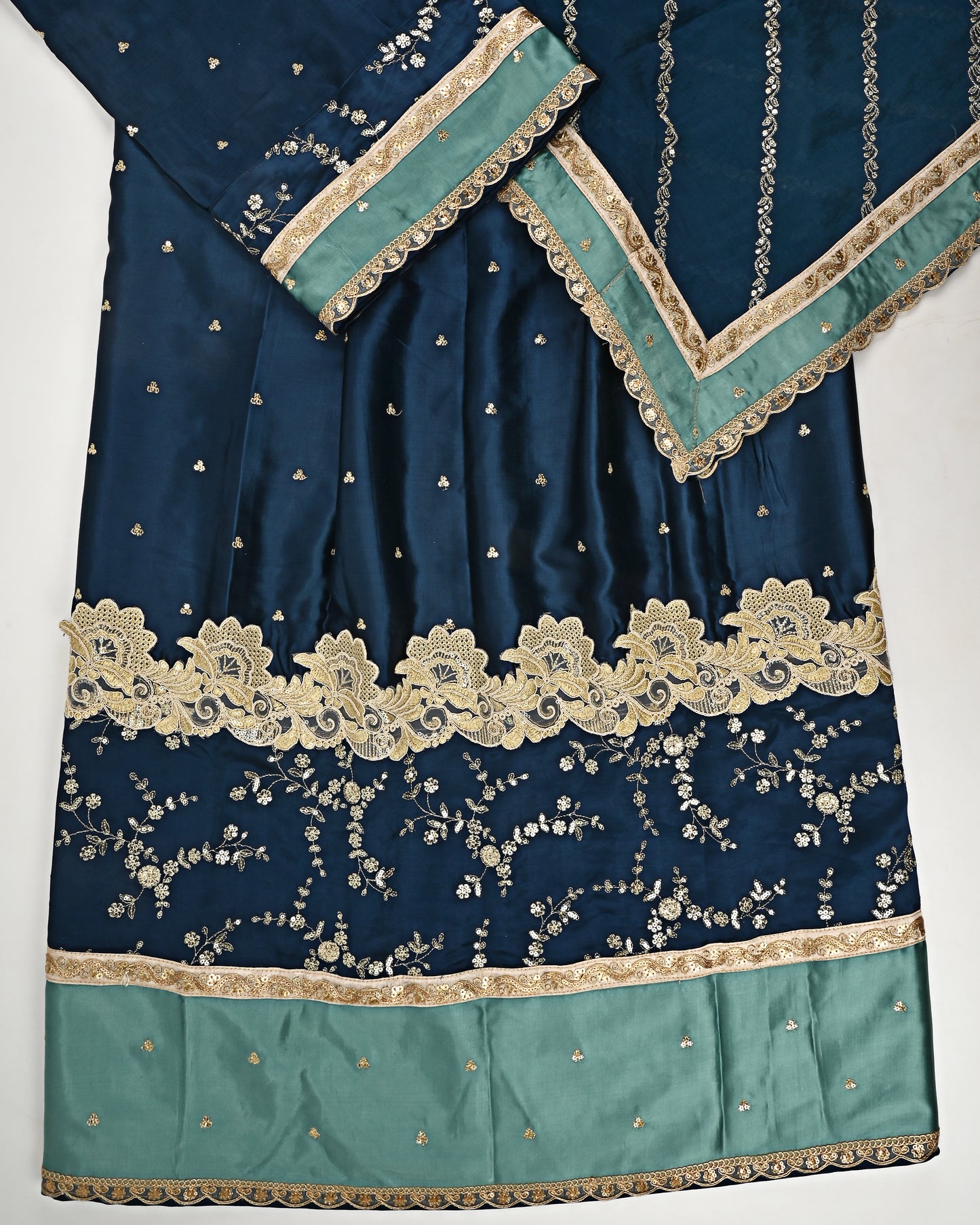 Navy Blue RCJ With Golden Lace & Floral Embroidery Work