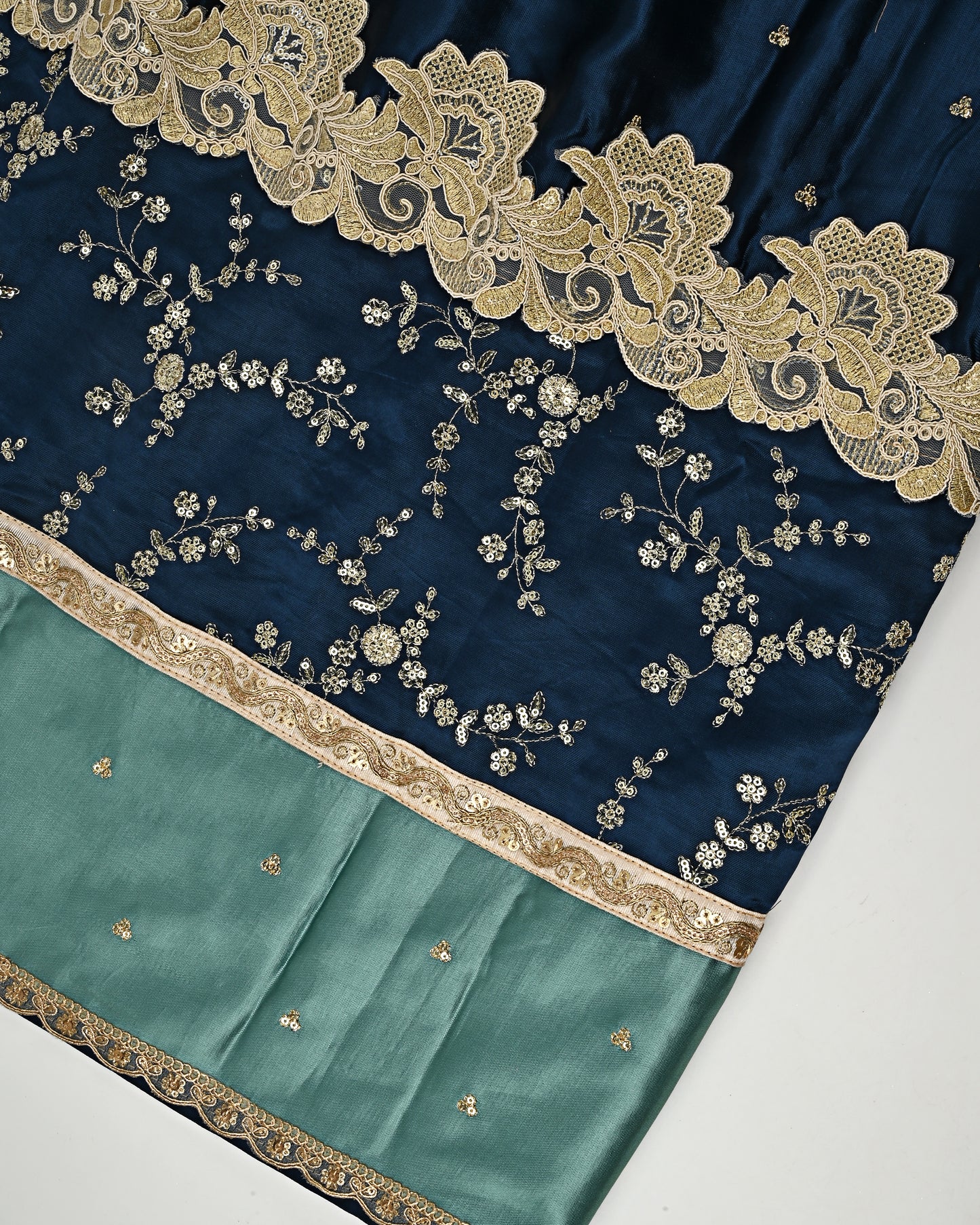 Navy Blue RCJ With Golden Lace & Floral Embroidery Work