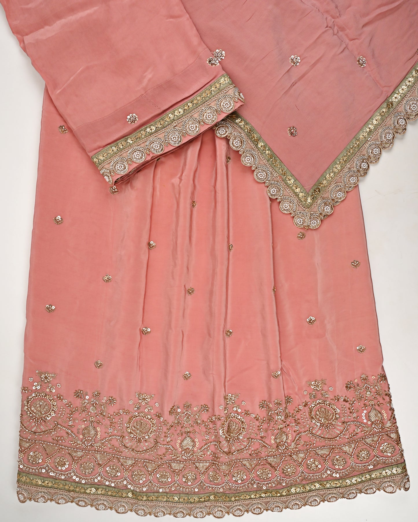 Carrot Pink RCJ With All Over Booties & Golden Heavy Work/Dupatta With Lace