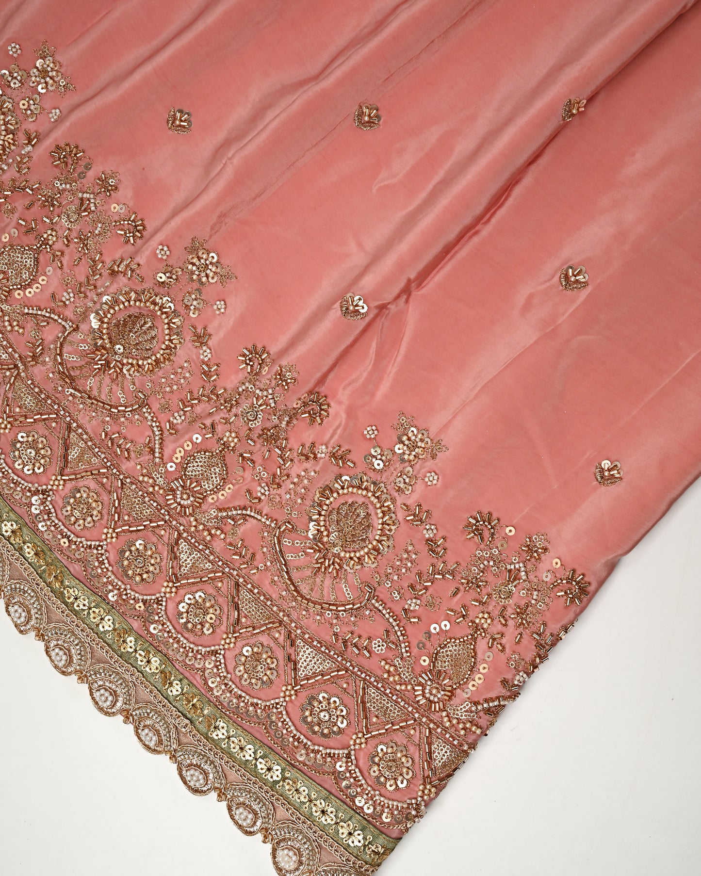 Carrot Pink RCJ With All Over Booties & Golden Heavy Work/Dupatta With Lace