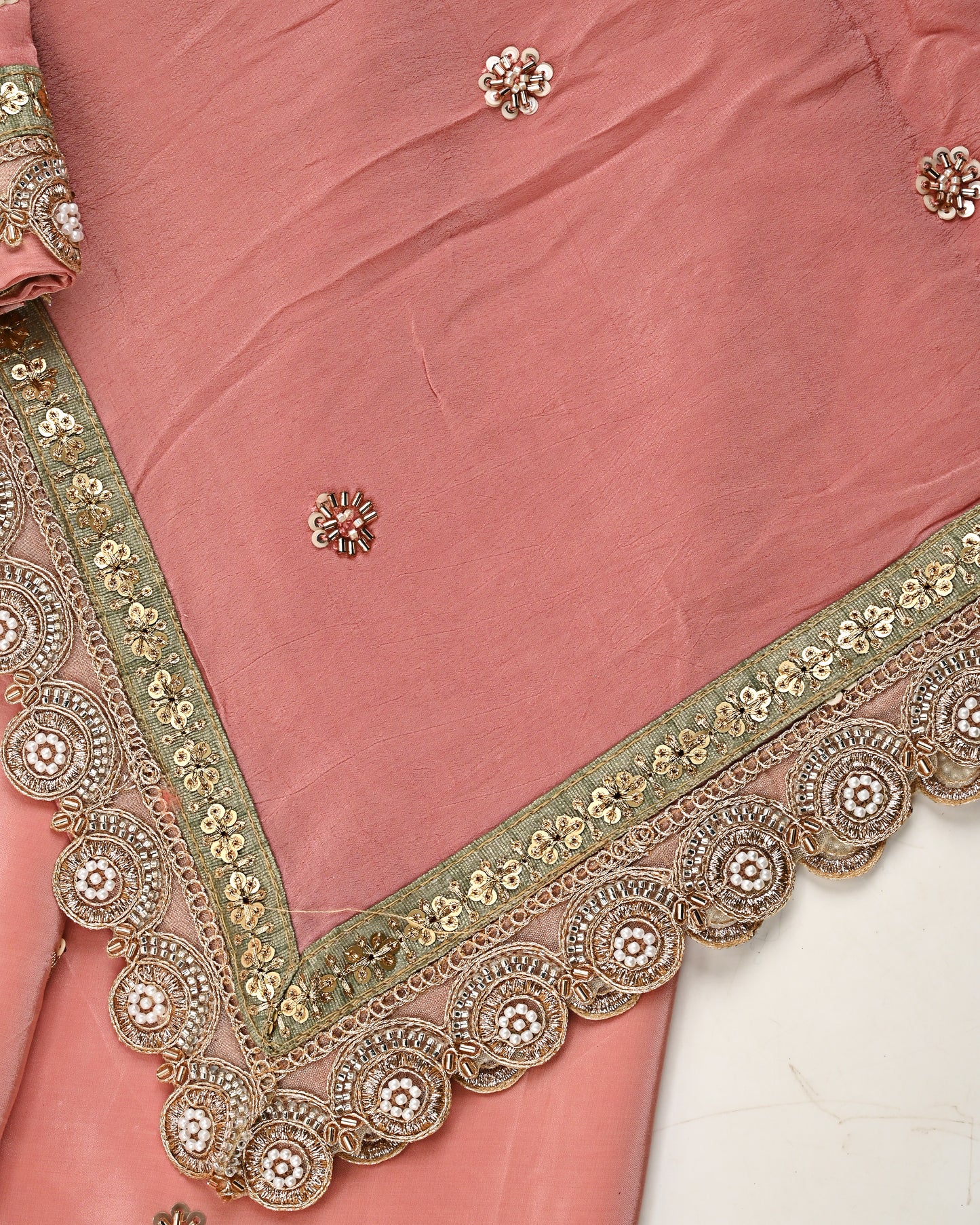 Carrot Pink RCJ With All Over Booties & Golden Heavy Work/Dupatta With Lace
