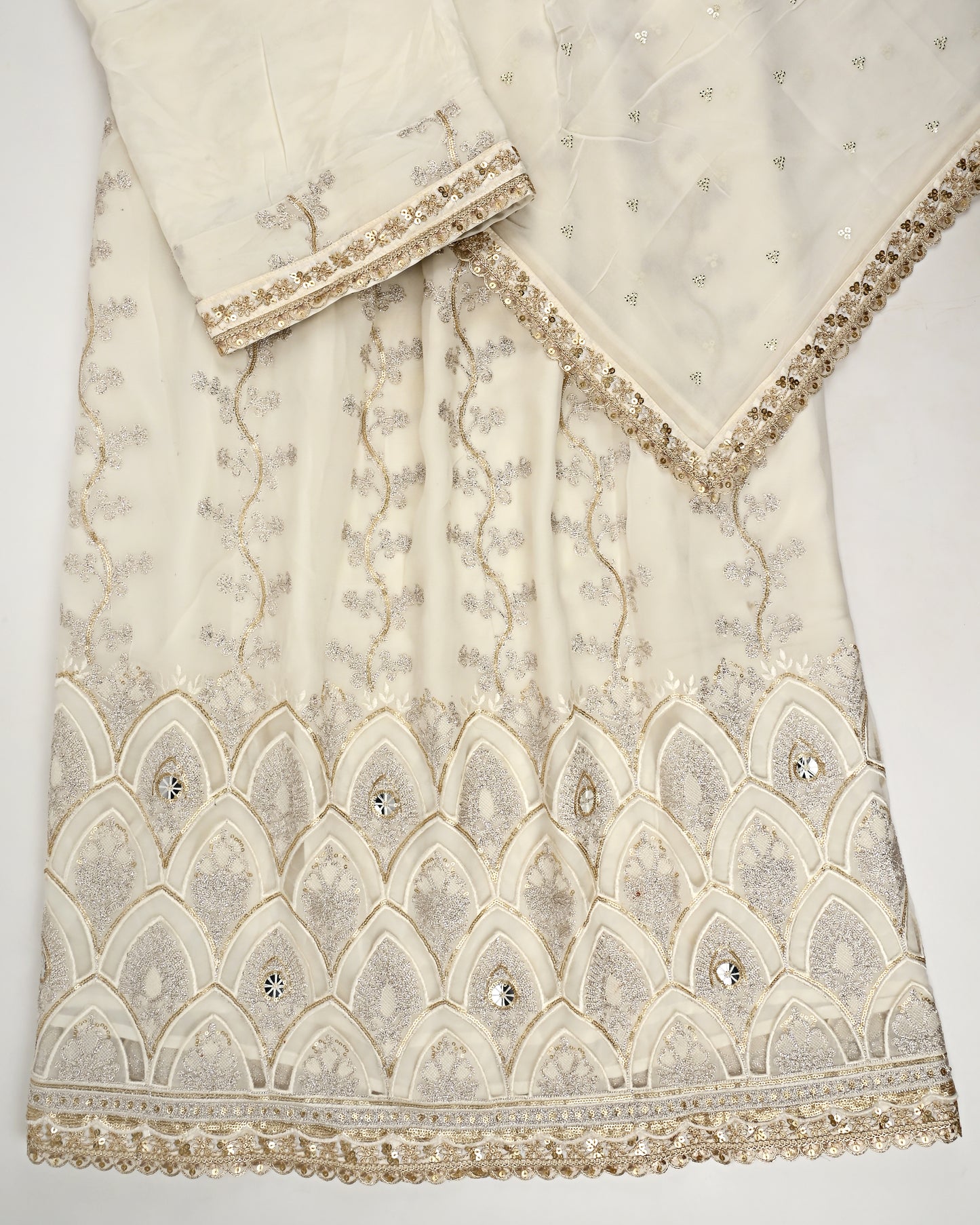 Ivory RCJ With Full Golden Embroidery Work & Golden Booties Dupatta