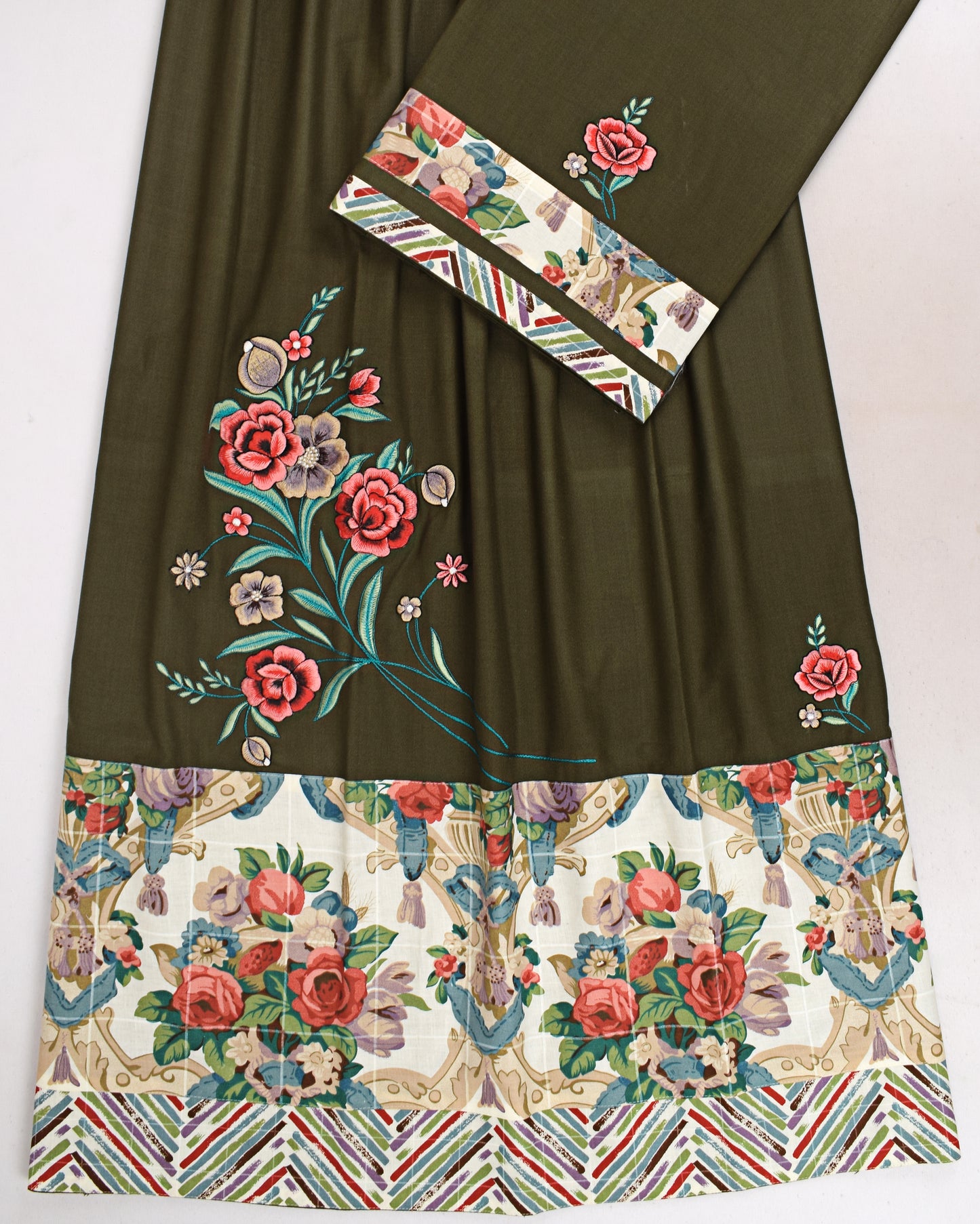 Dark Green Rida With Smart Panel & Lite Rose Work