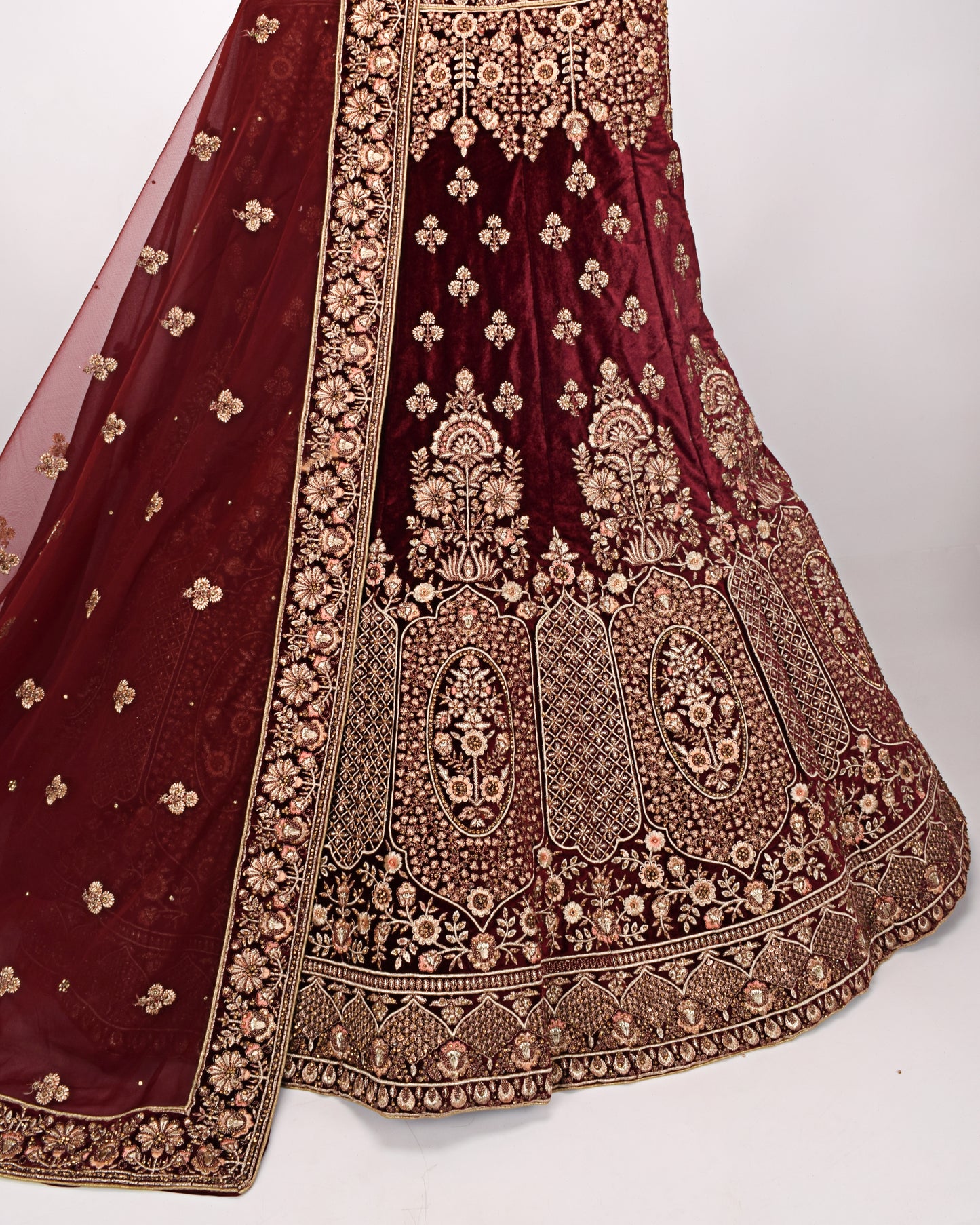 Dark Maroon Velvet Bridal Wear With Full Machine Embroidery & Same Dupatta With Border