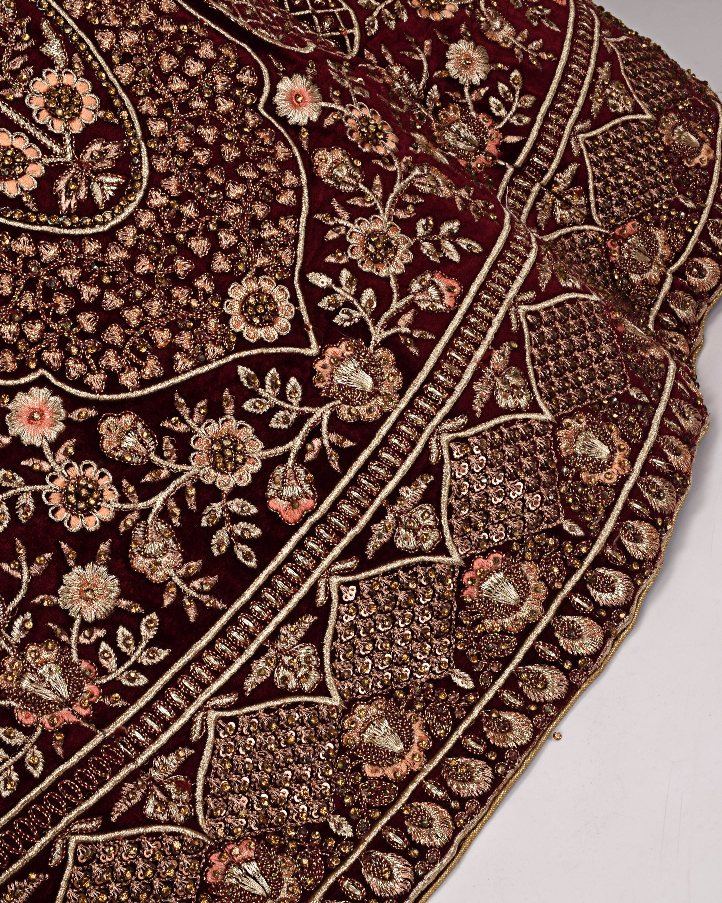 Dark Maroon Velvet Bridal Wear With Full Machine Embroidery & Same Dupatta With Border