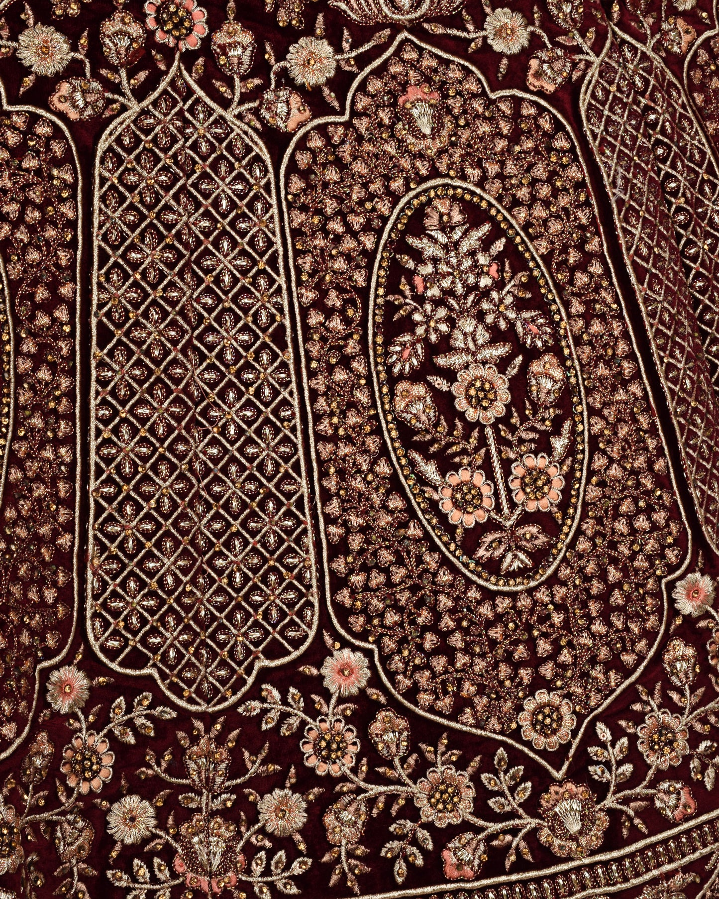 Dark Maroon Velvet Bridal Wear With Full Machine Embroidery & Same Dupatta With Border