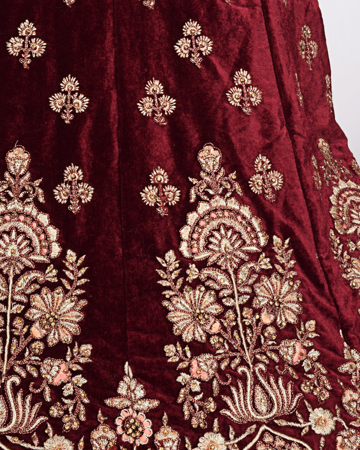 Dark Maroon Velvet Bridal Wear With Full Machine Embroidery & Same Dupatta With Border