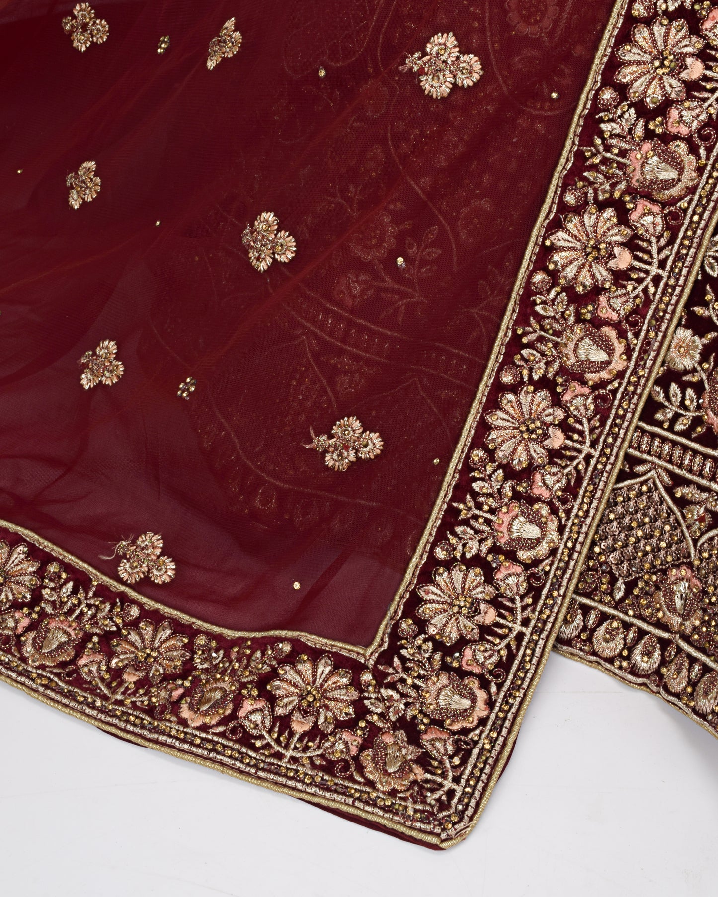 Dark Maroon Velvet Bridal Wear With Full Machine Embroidery & Same Dupatta With Border