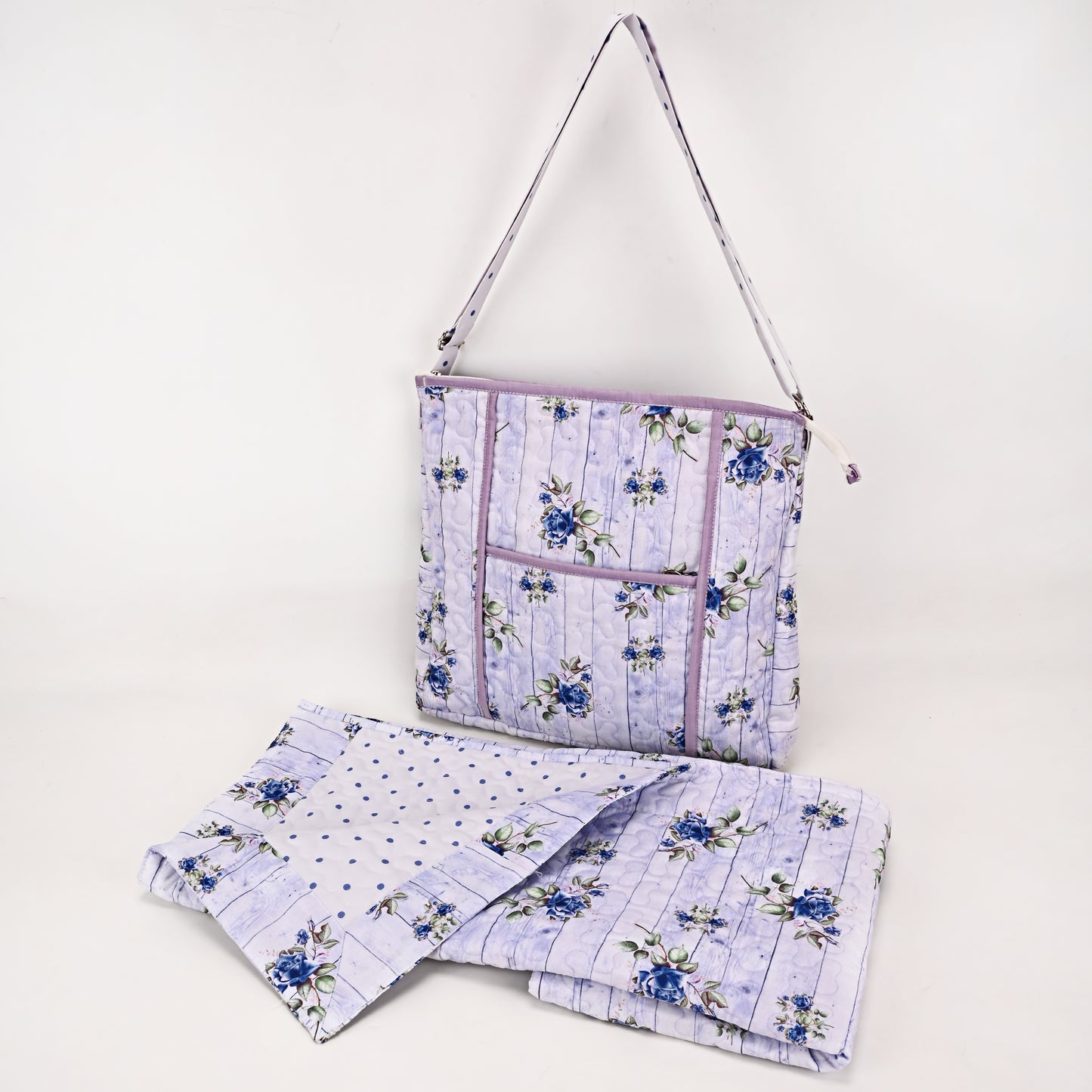 White & Blue Shade Floral Printed Quilted Masallah & Bag Set With Front Pocket