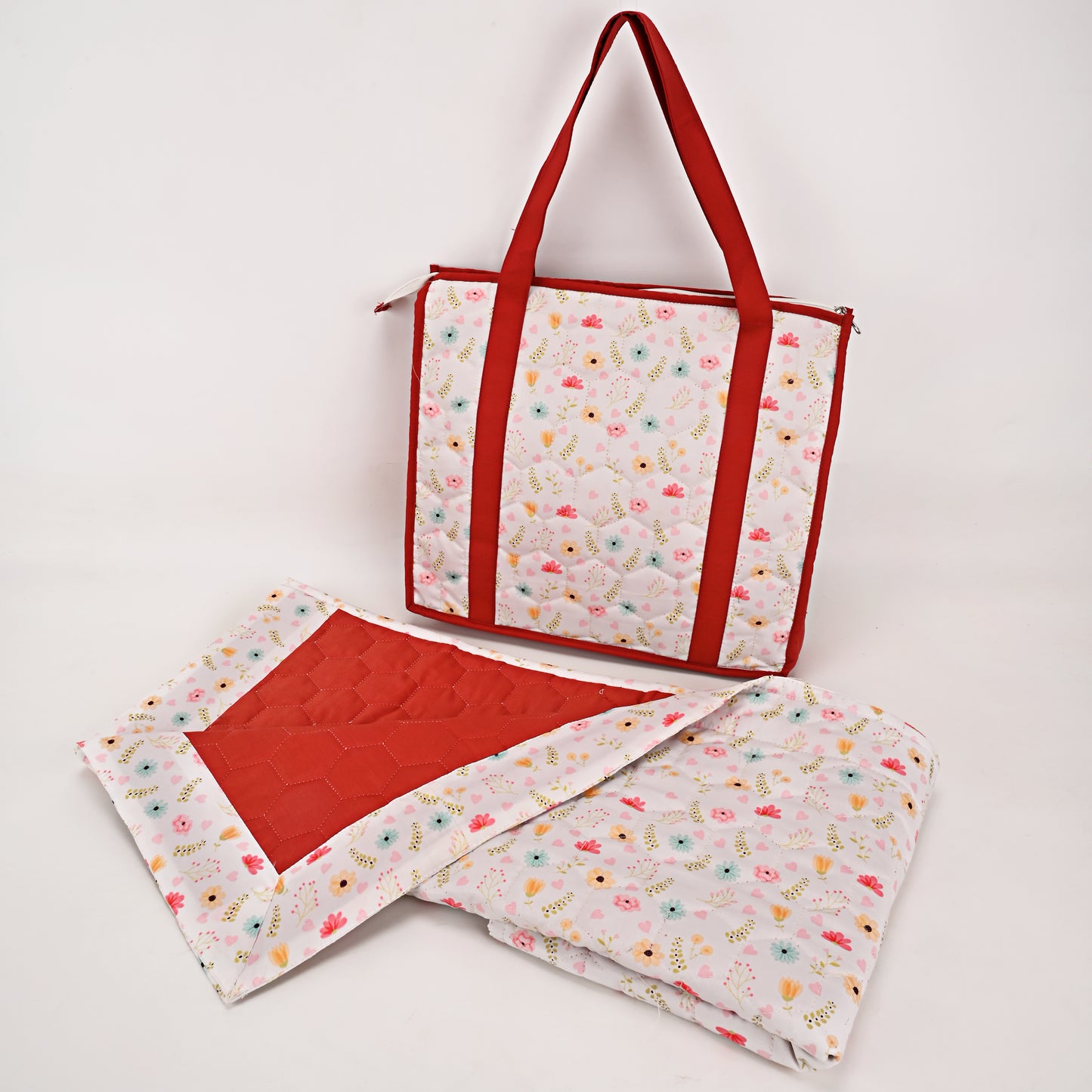 Cream Base Multicolor Floral & Hearts Print Quilted Masallah & Bag Set