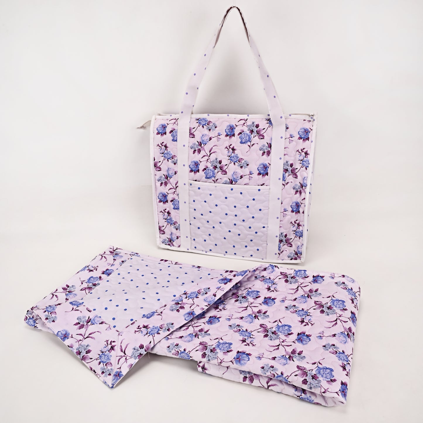 Light Purple Base With Blue Floral Print Quilted Masallah & Bag Set With Front Pocket