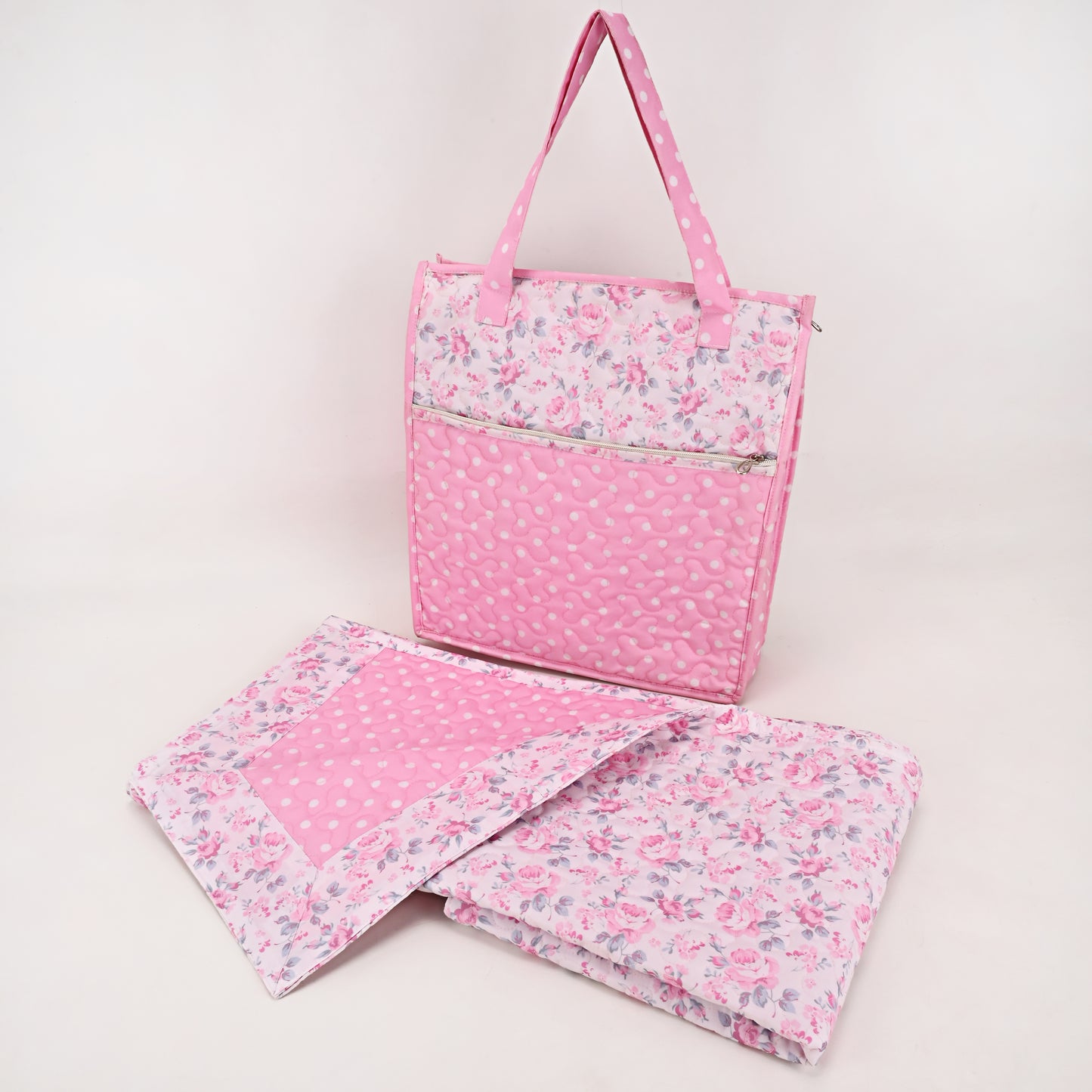 Onion Pink Floral & Dots PrintedQuilted Masallah & Bag Set With Front Pocket