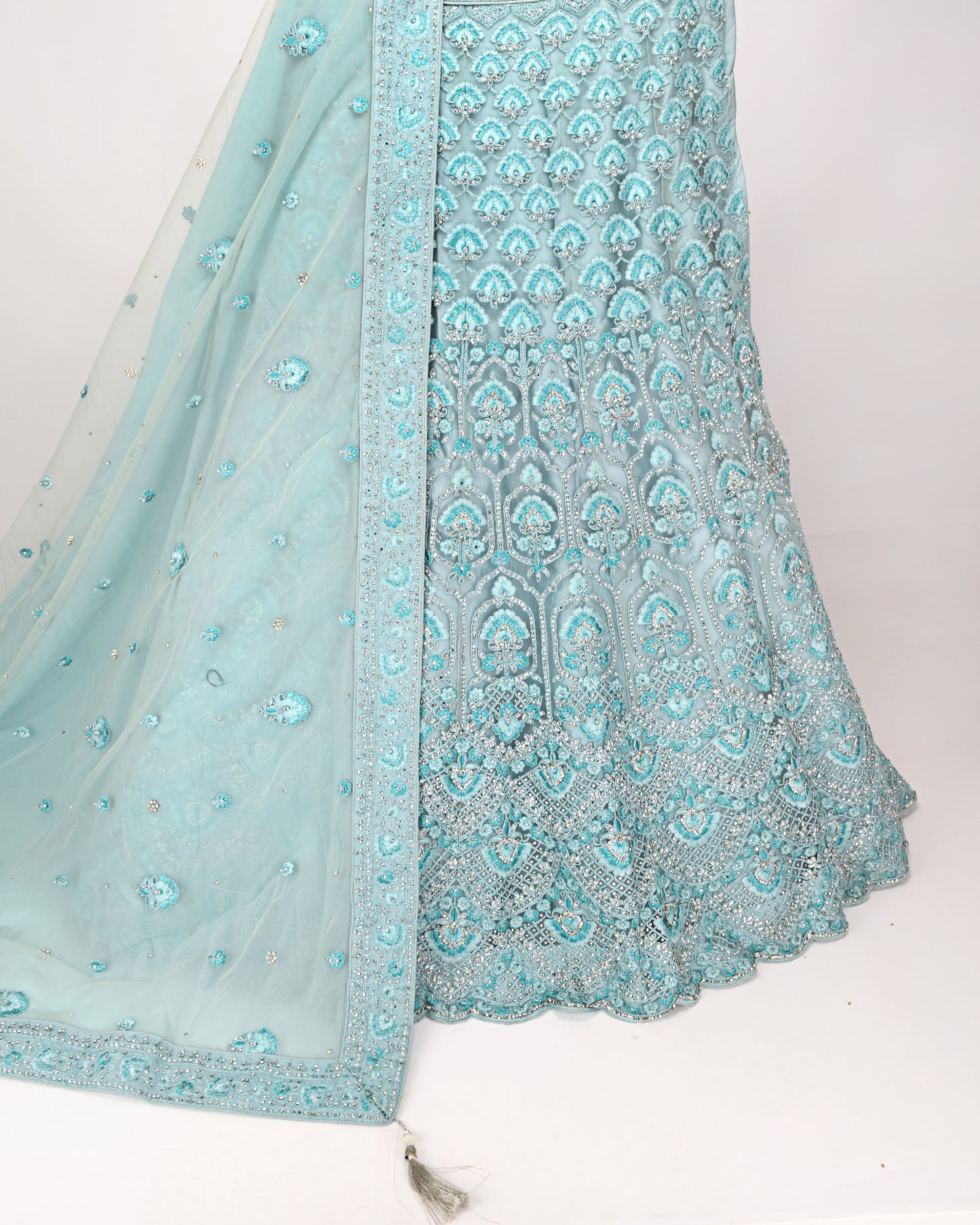 Light Blue Bridal Wear WIth Full Heavy Daimond Studded Net Peice & Same Border Dupatta