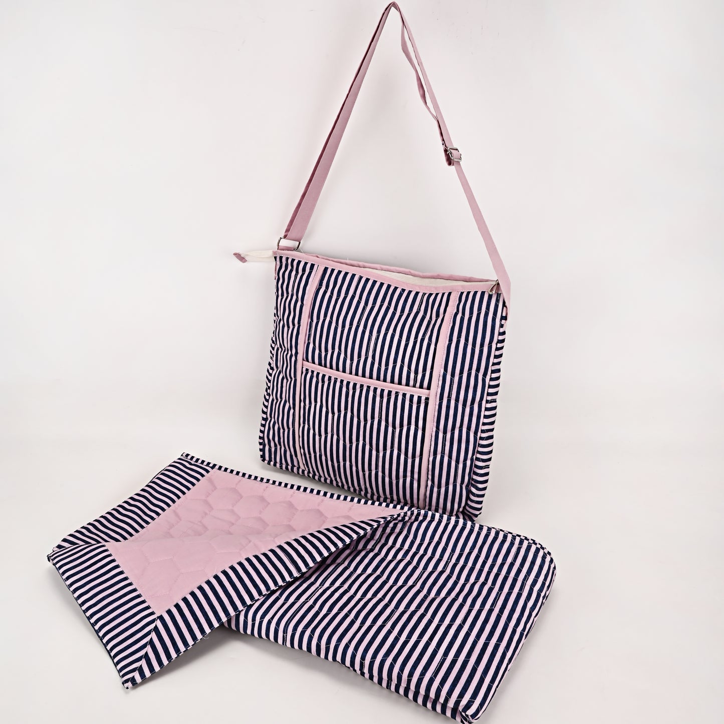 Light Pink & Navy Blue Stripes Quilted Masallah & Bag Set With Front Pocket