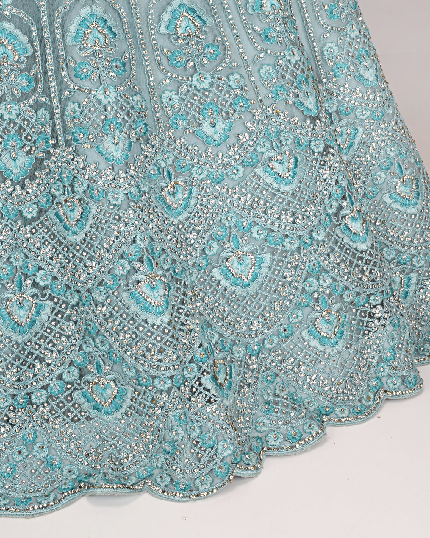Light Blue Bridal Wear WIth Full Heavy Daimond Studded Net Peice & Same Border Dupatta