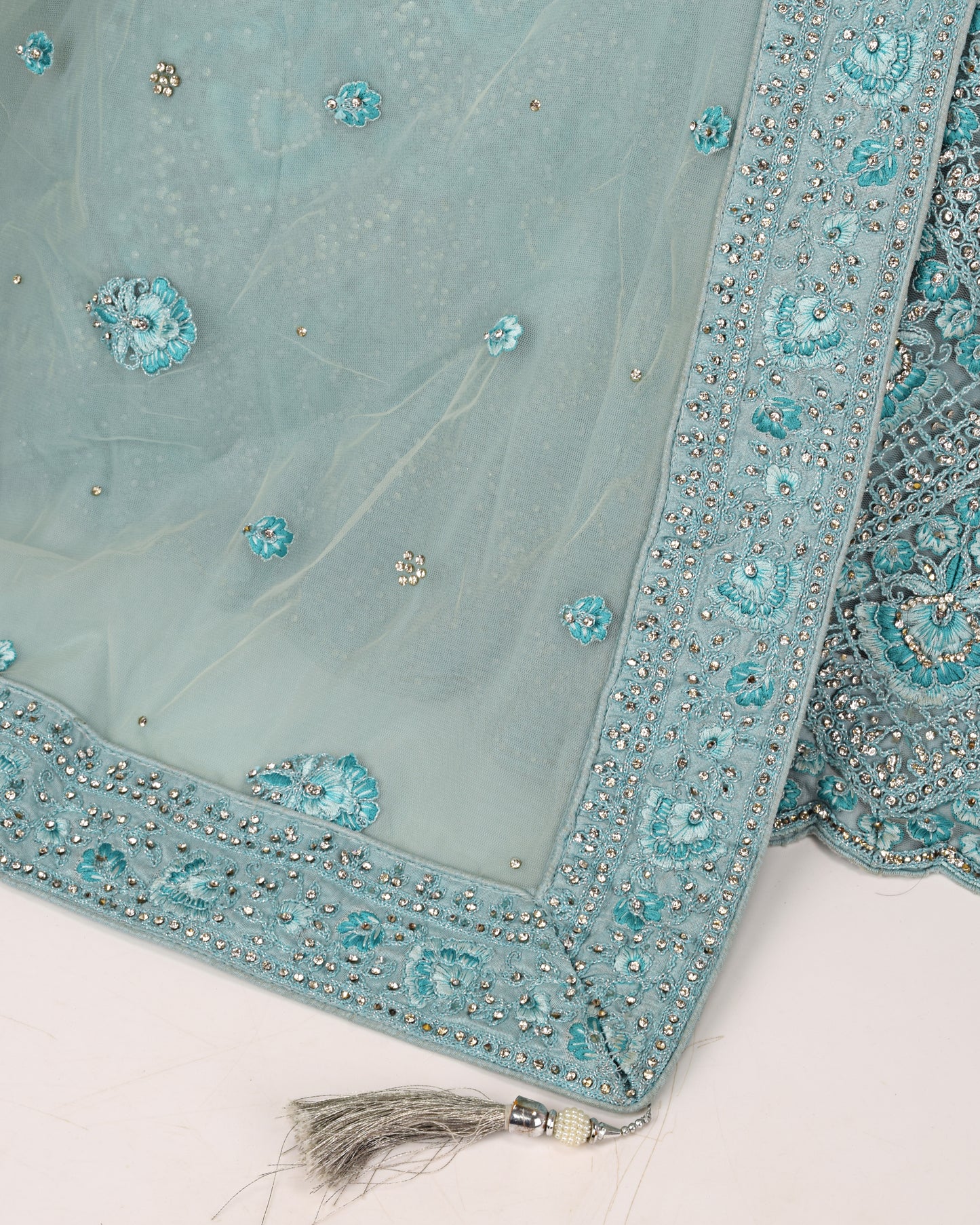 Light Blue Bridal Wear WIth Full Heavy Daimond Studded Net Peice & Same Border Dupatta