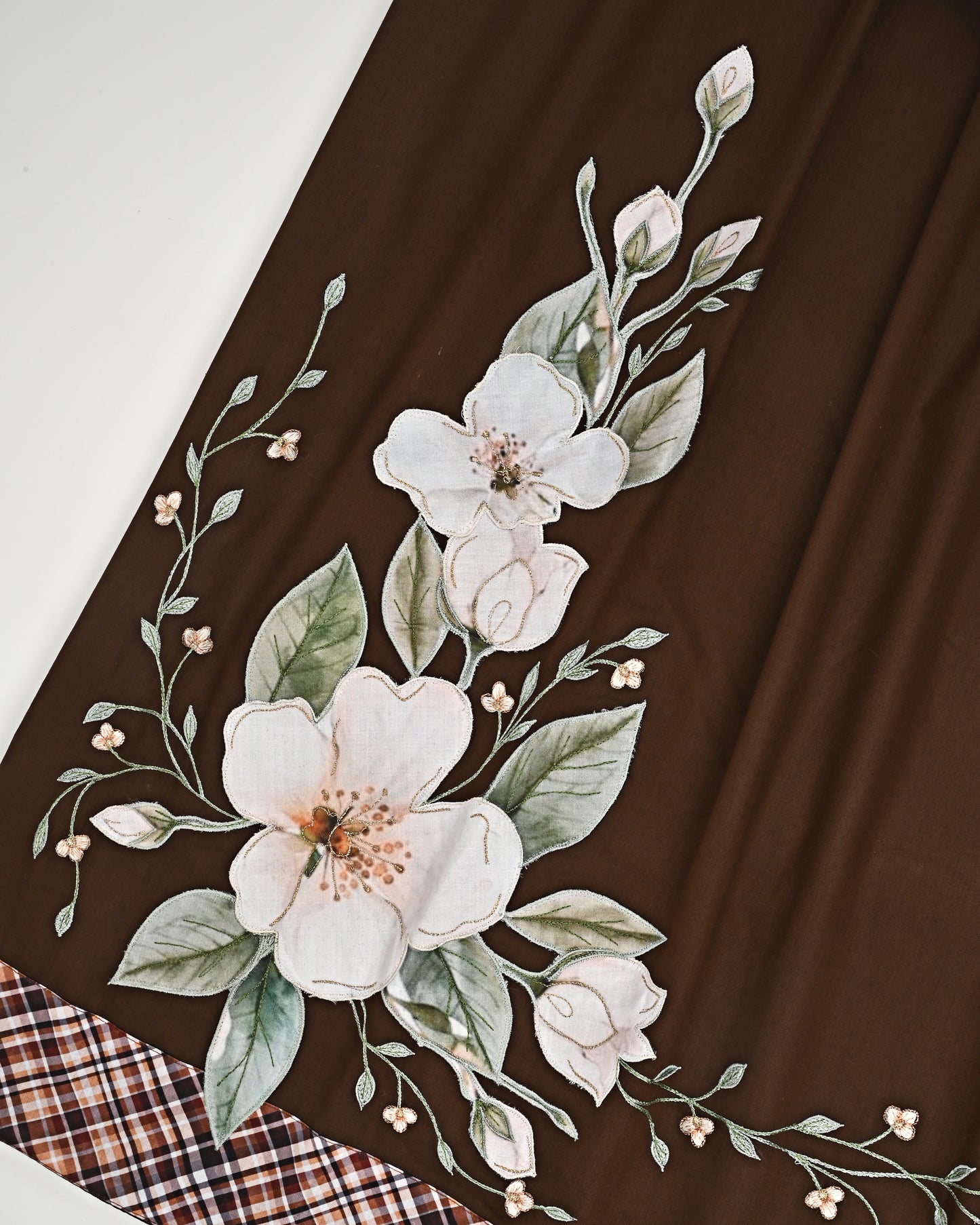 Dark Choclate Rida With Cheks Panel & Floral Applique Work