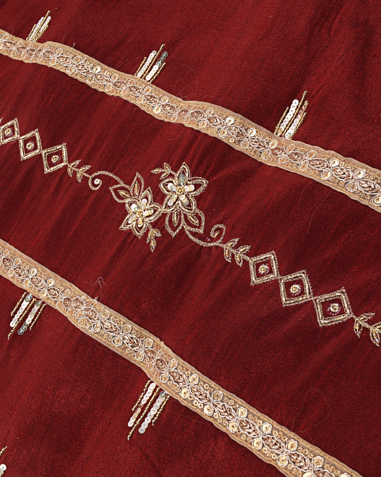 Dark Red Rida With Golden Aari All Over Border & Heavy Panel