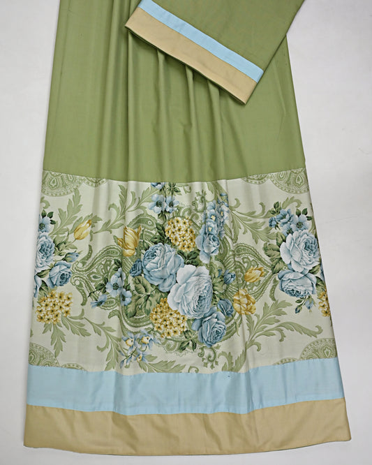 Olive Green Rida With Smart Floral Panel & Plain Panel