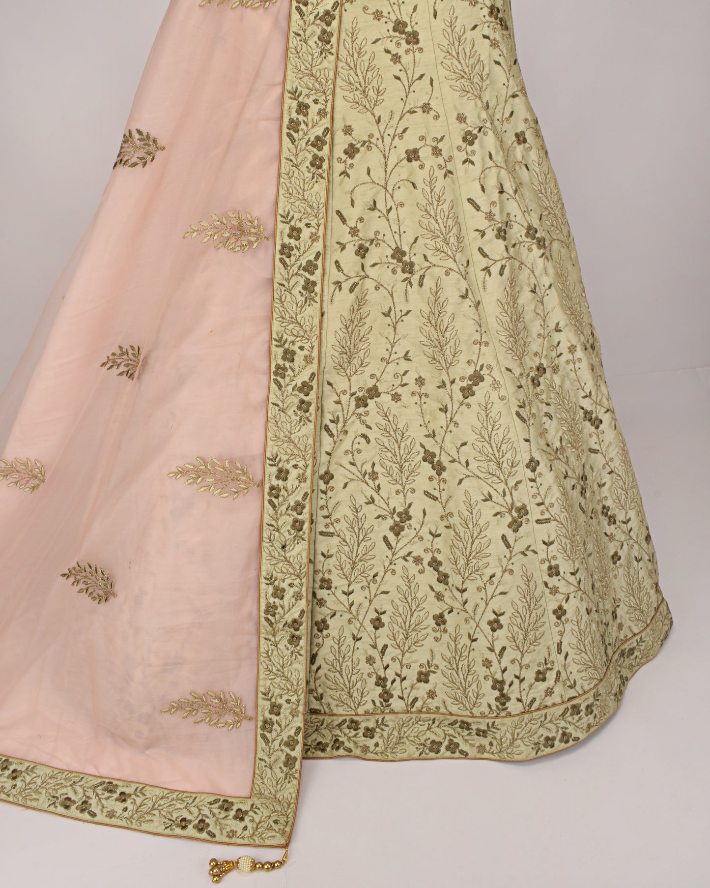 Pistachio Bridal Jodi With Full Embroidery Work & Peachish Pink Dupatta With Border