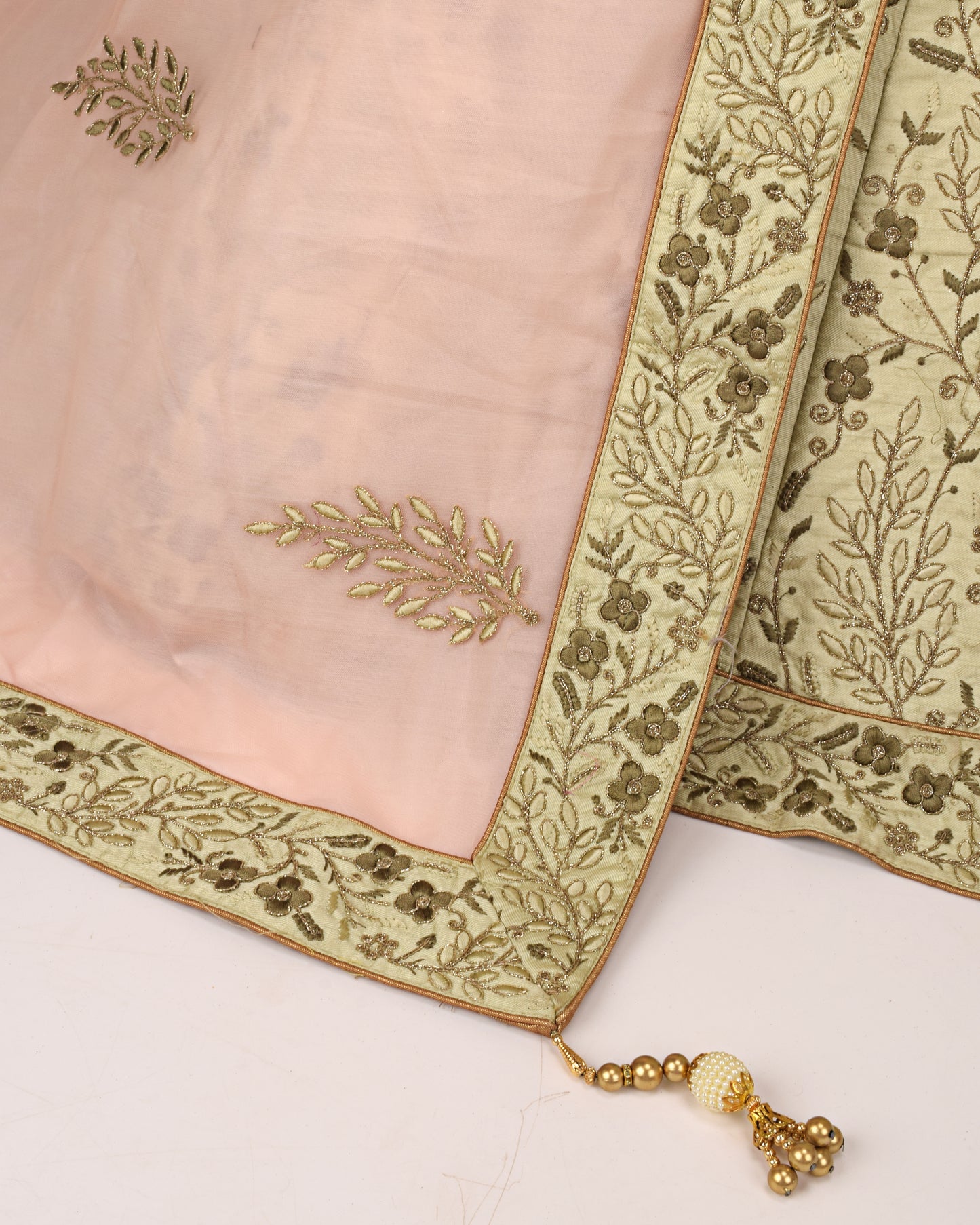 Pistachio Bridal Jodi With Full Embroidery Work & Peachish Pink Dupatta With Border