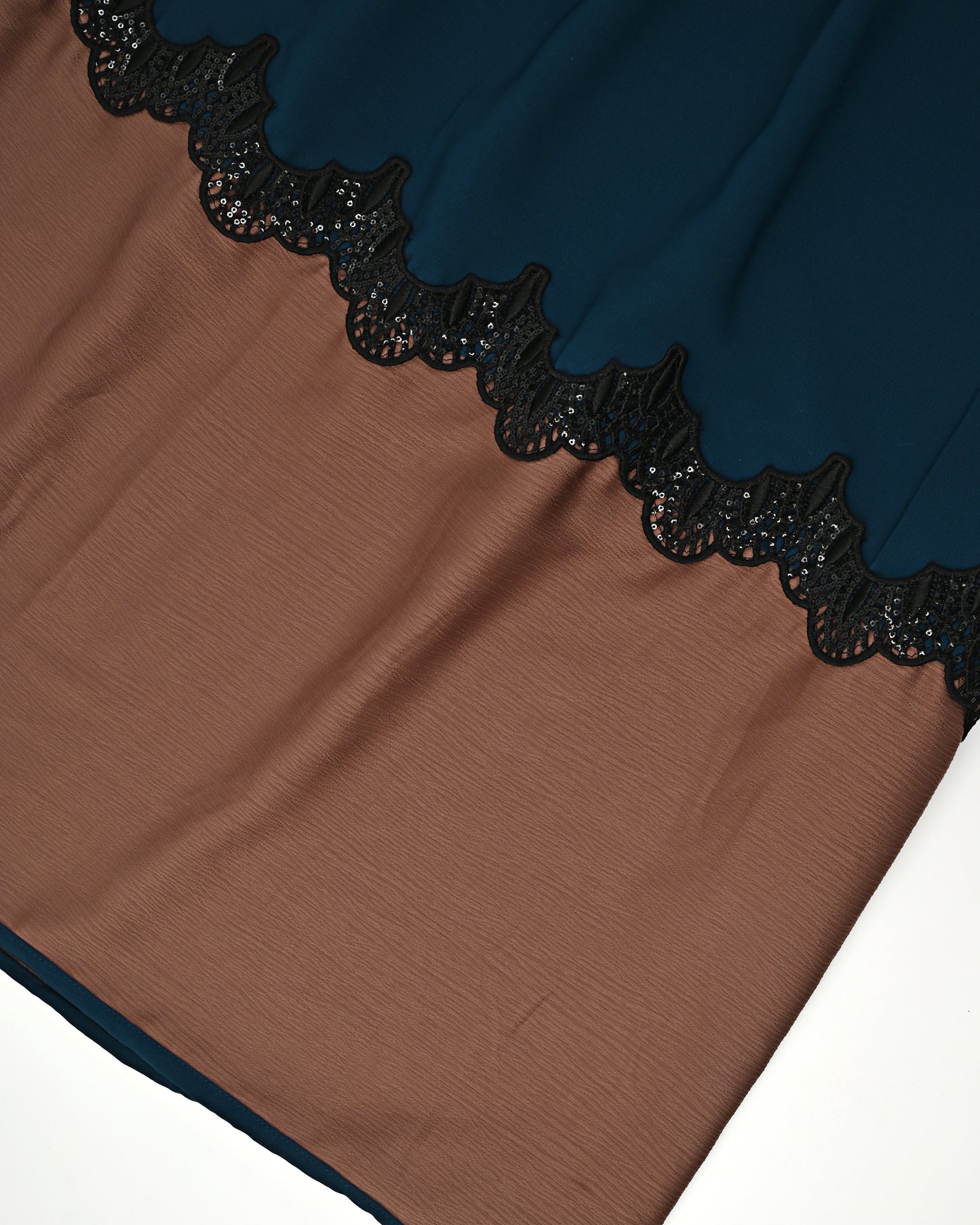 Dark Petrol Blue Abaya Rida With Smart Brown Abaya Panel & Black Lace-1300/-