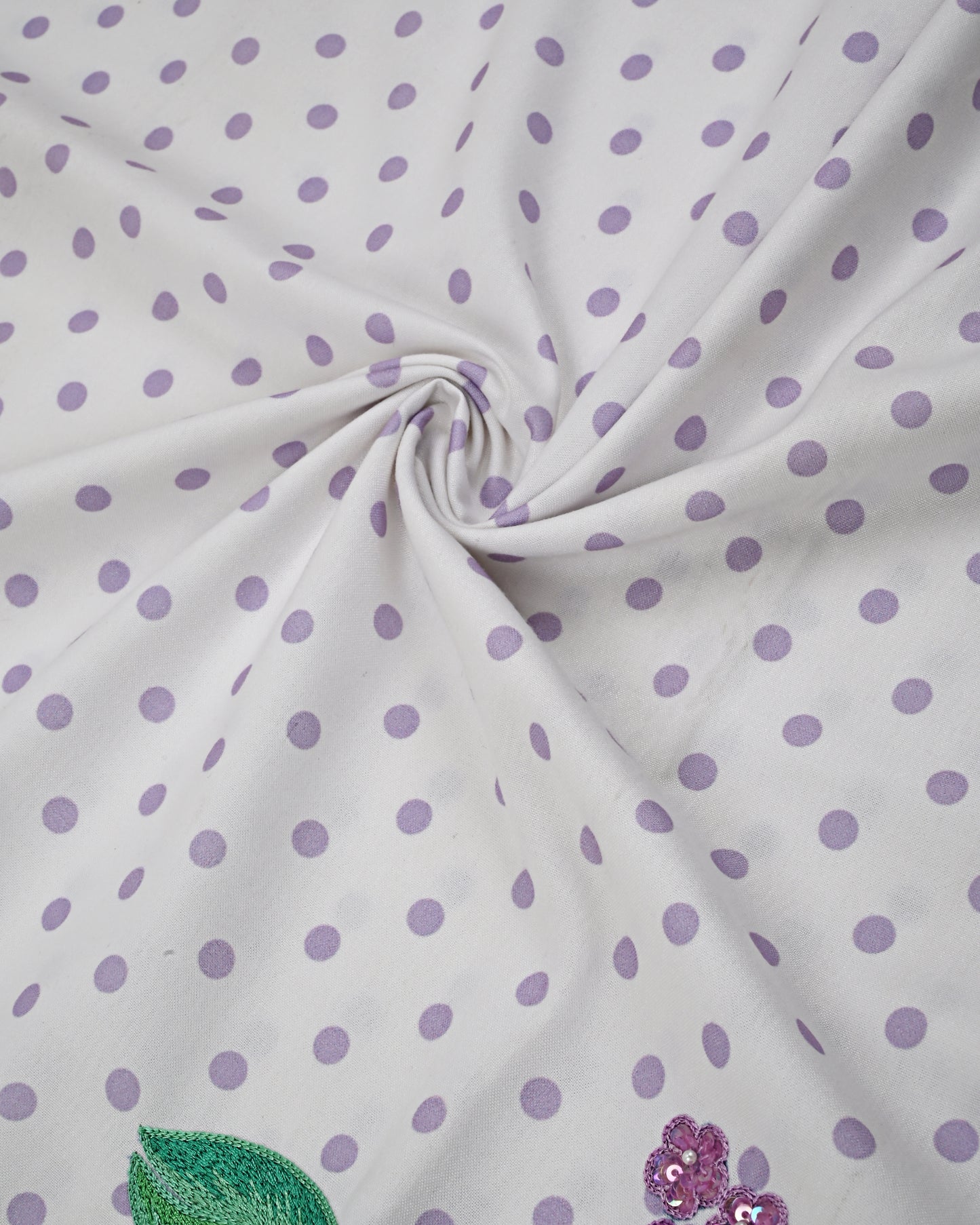 White Base Purple Dots Rida With Floral Panel Lace & Floral Aari Work