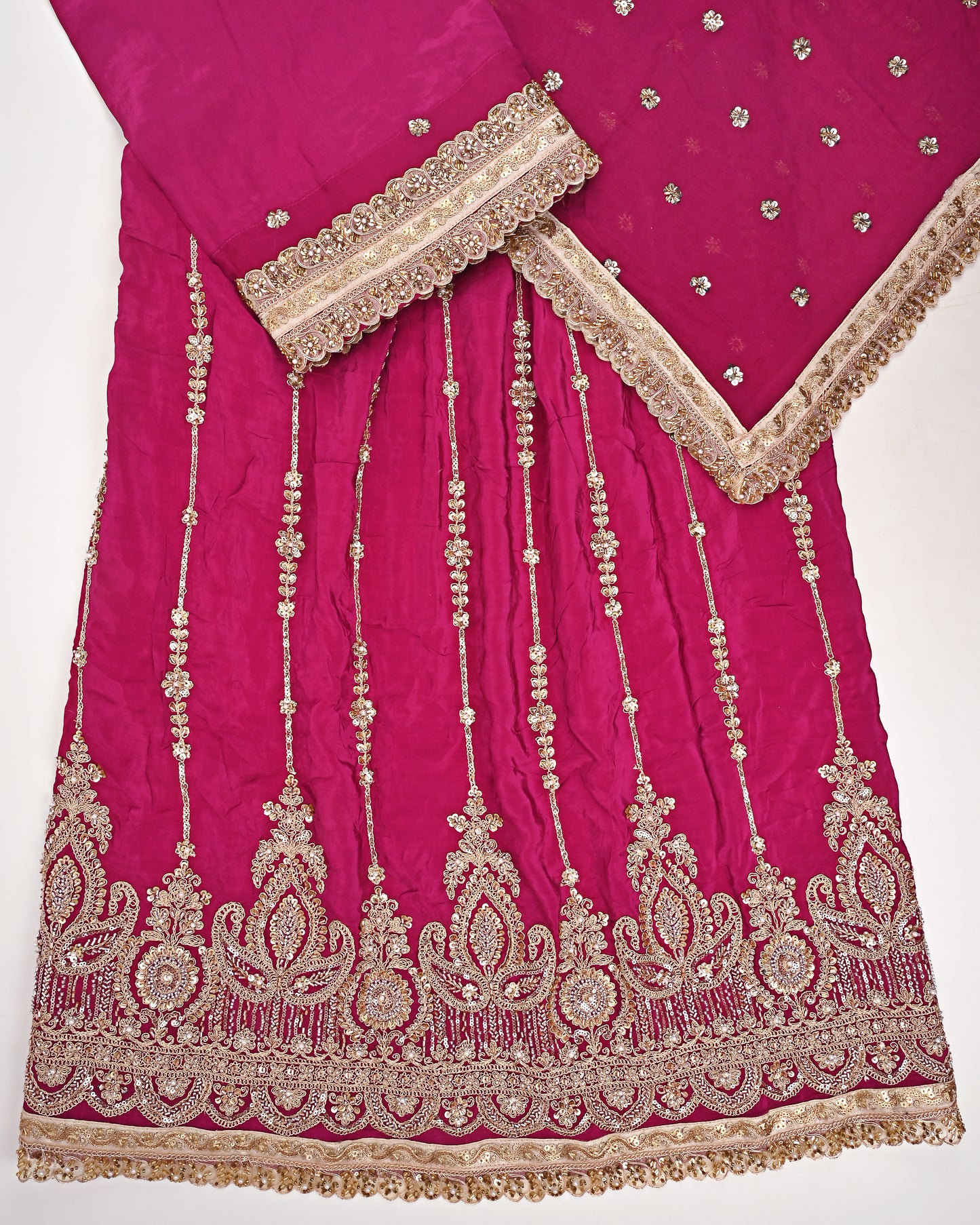 Hot Pink RCJ With Smart Standing Floral Golden Heavy Look Work/Dupatta With All Over