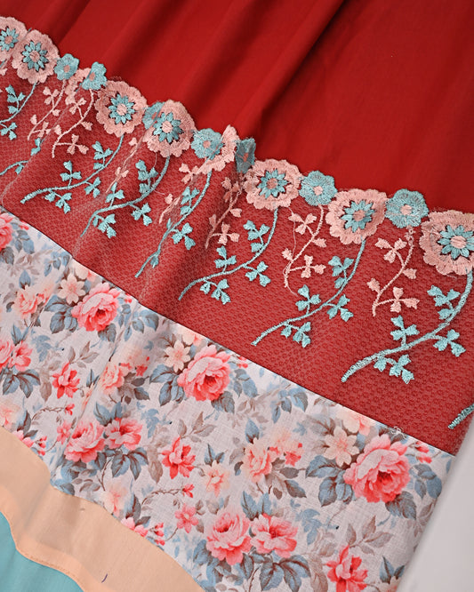 Red Rida With Smart Floral Panel & Floral Lace