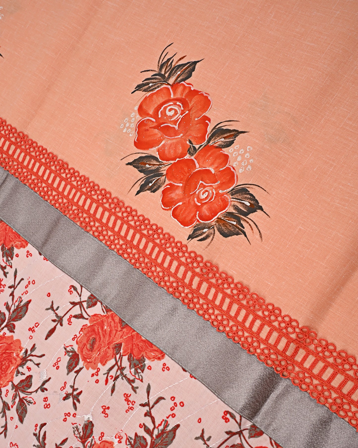 Peach Rida With Smart Floral Panel Laces & Painting Work