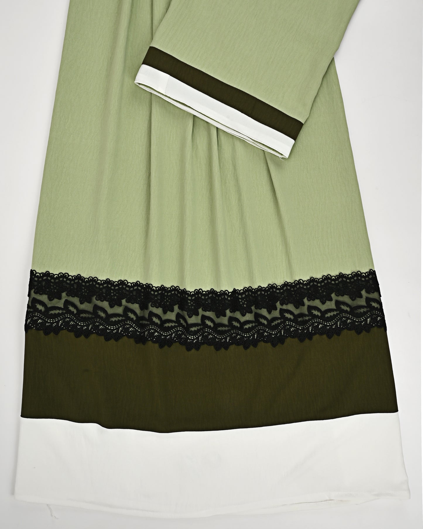 Sage Green Abaya Rida With Smart White Panel & Black Lace